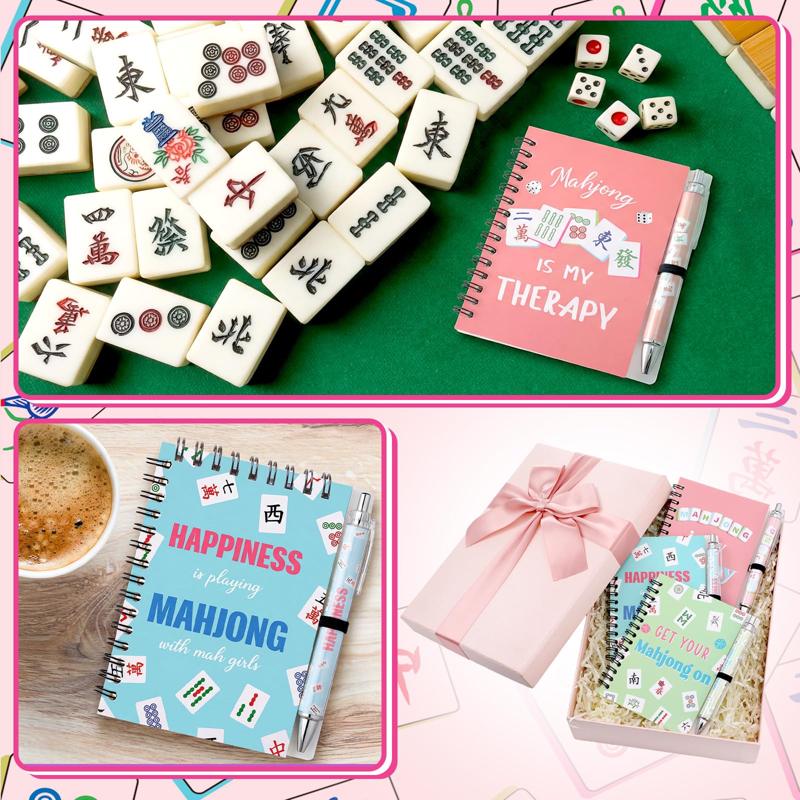 Resurhang Lot de 24 pièces/12 ensembles de cadeaux pour amoureux de Mahjong comprenant 12 carnets à spirale et 12 stylos à bille rétractables – Cadeaux amusants pour Mahjong – Cadeaux amusants pour