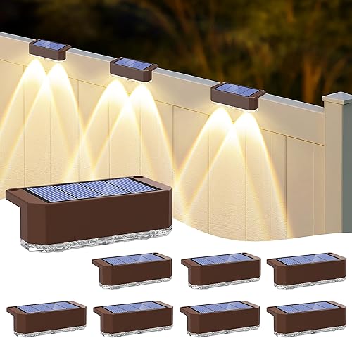 Miniatura 9 de Peasur Paquete de 8 luces solares para valla al aire libre, luz de terraza, alimentada por energía solar, luces LED impermeables para barandillas,