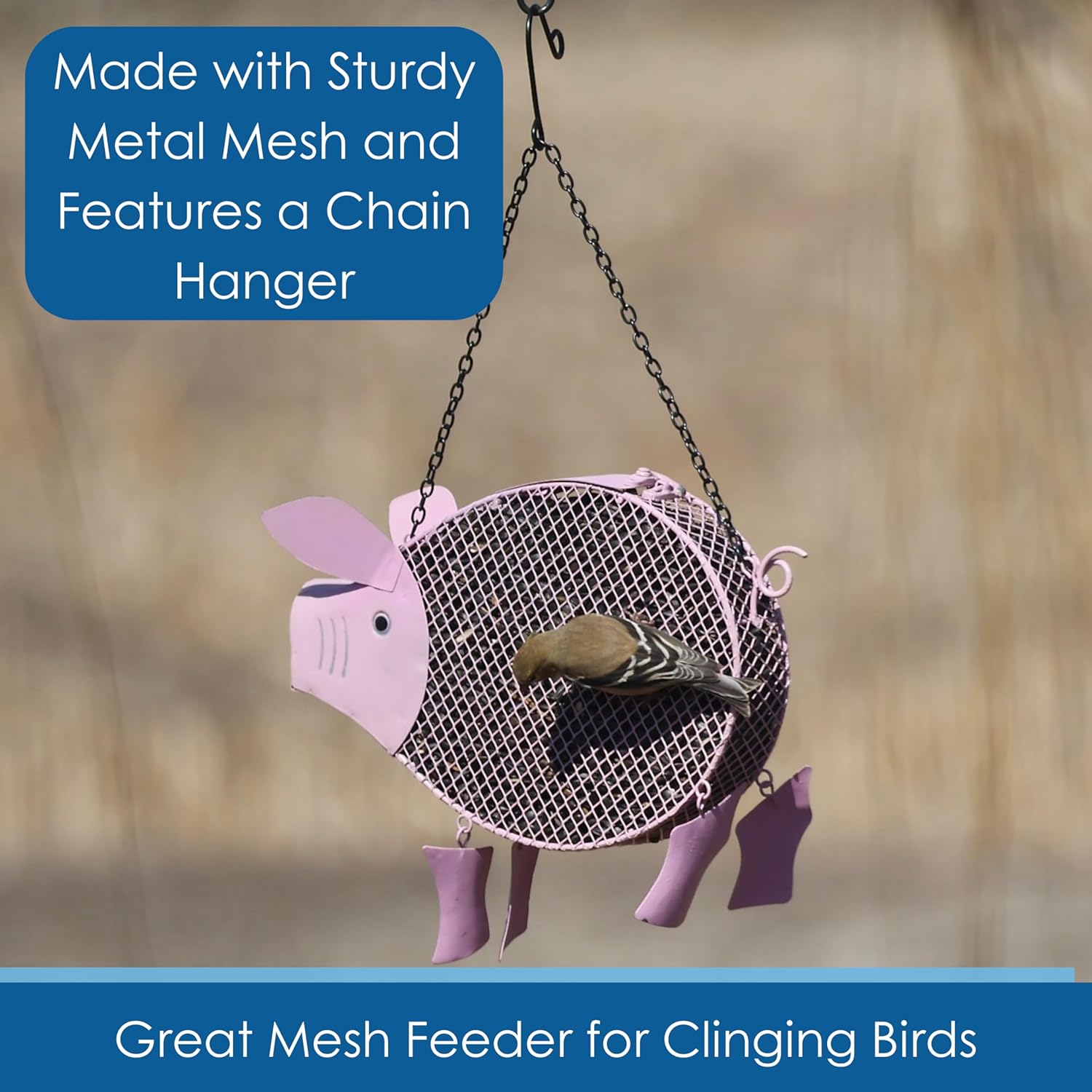 Gift Essentials Metal Mesh Bird Feeder, Pink Pig with Dangling Legs and Hanging Chain, Holds Approximately 5 Cups Bird Seed