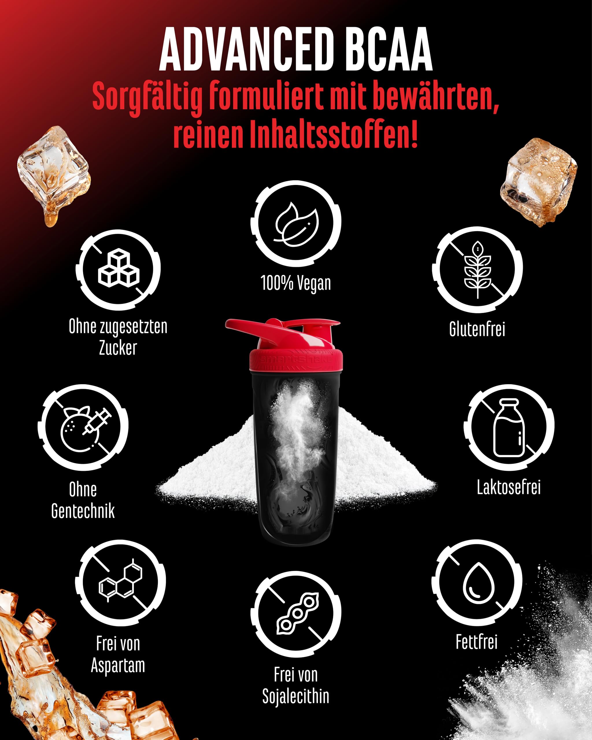 Advanced BCAA Pulver 450 g - 2:1:1 Aminosäuren mit L-Glutamin & Taurin - Instant BCAA, sehr gute Löslichkeit & Geschmack - Vegan - 30 Portionen (Cola) | mit Taurin & Glutamin, Cola, 13.500 mg Aminosäuren pro Portion, Instant löslich, vegan, 30 Portionen