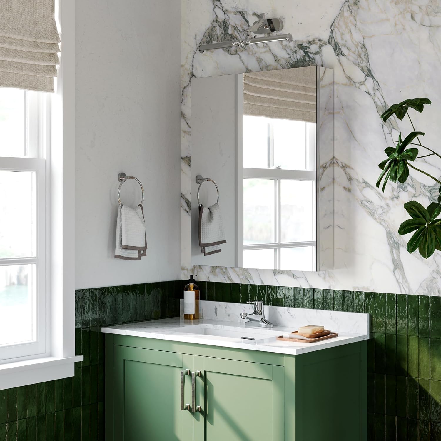 24"x30" Modern Medicine Cabinet with Blum Soft-Close Hinge, Surface or Recessed Bathroom Medicine Cabinet with Adjustable Shelves, Aluminum Alloy Frame with Mirror Side Panels, Reverse Installation