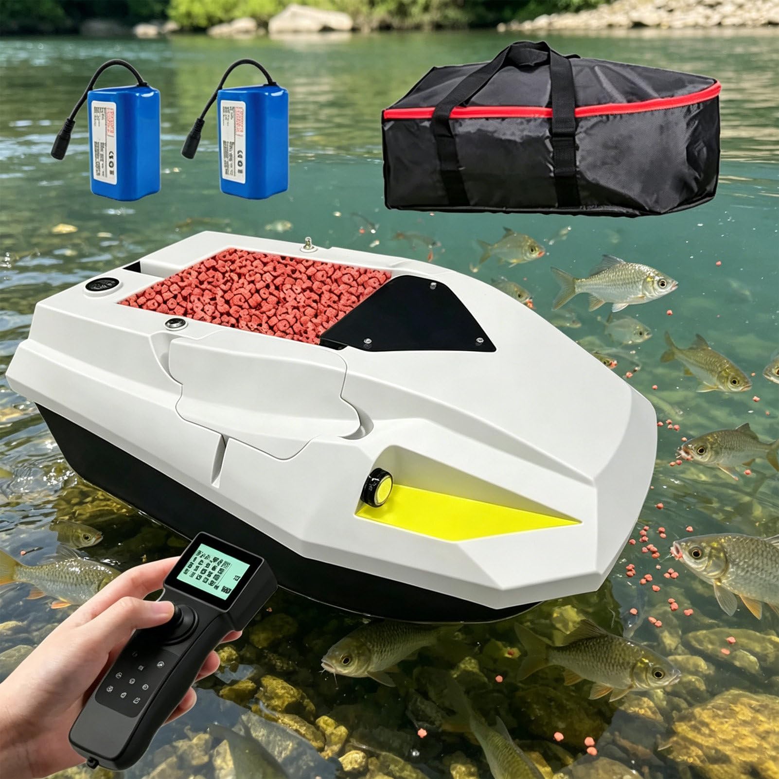 Pvxa Fishing Bait Boat with GPS Positioning, Smart RC Bait Boats Speedboat, Night Fishing Lights, Speed Adjustable,100-point Positioning, 3-Speed Adjustable for Anglers