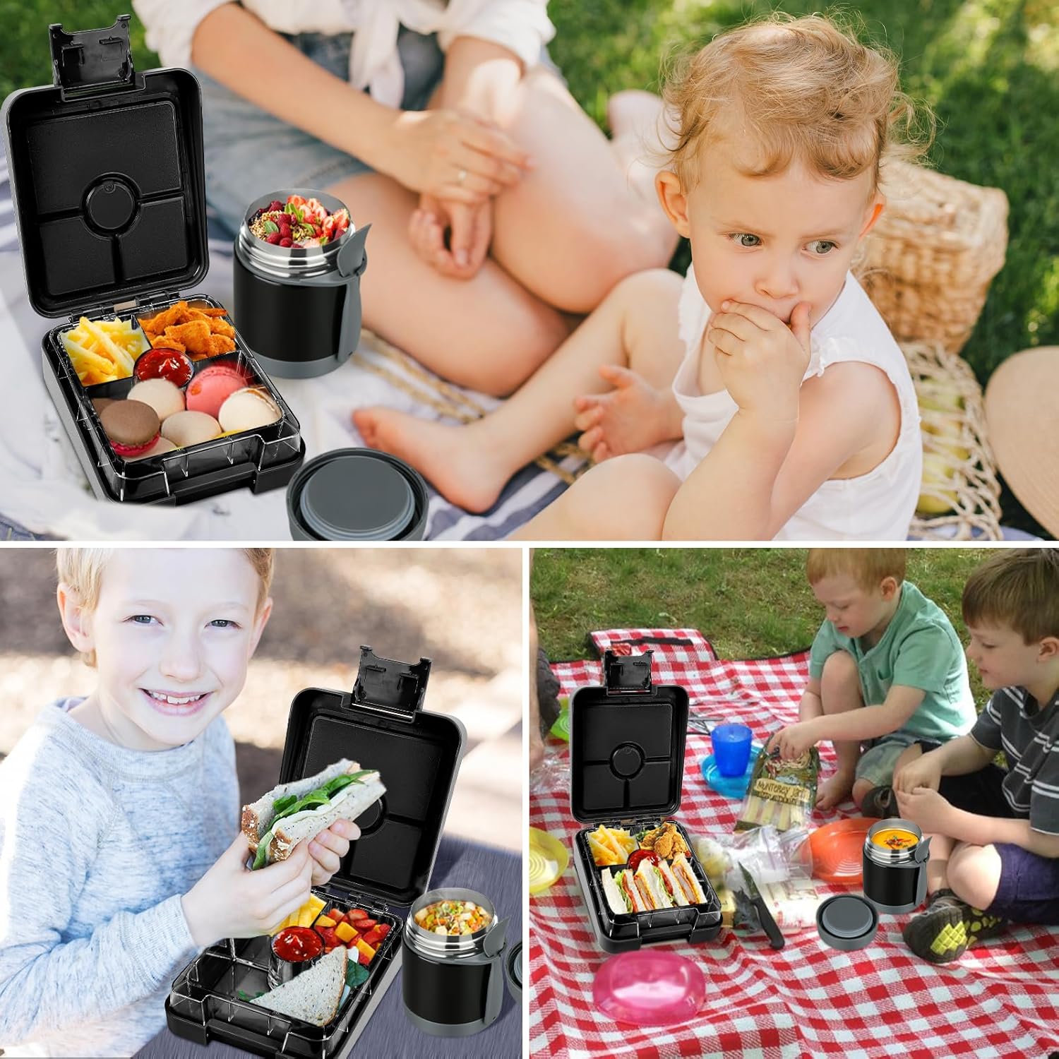 Bento Lunch Box Set for Kids with 10oz Soup Thermo, Leak-Proof Lunch Containers with 4 Compartment, Kids Thermo Hot Food Jar and Insulated Lunch Bag for Kid to School,BPA-Free(Black) - Image 7