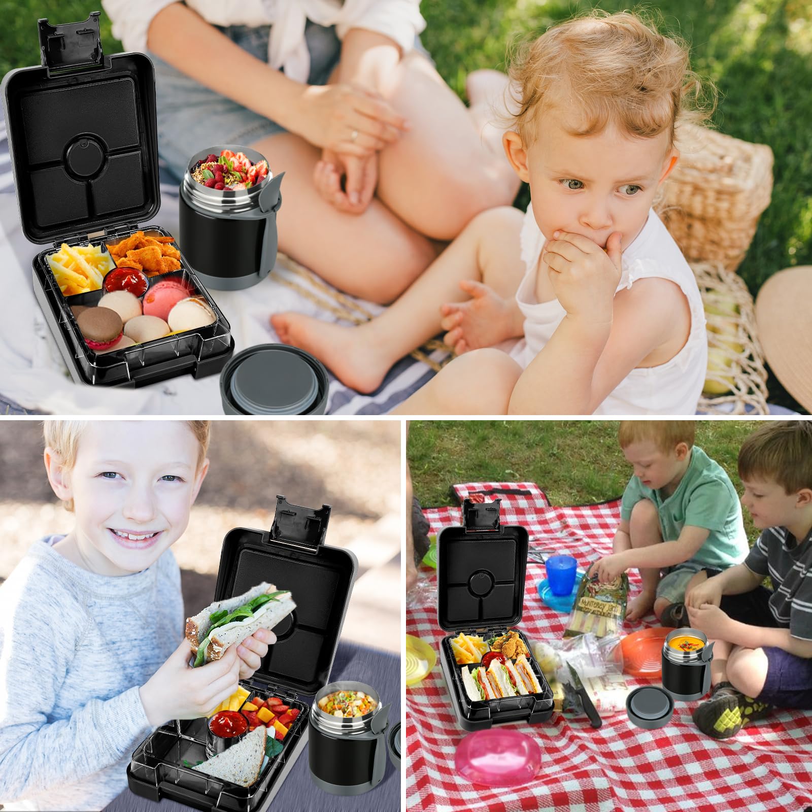 Bento Zestaw pudełek na lunch dla dzieci, z termosem do zupy 295 ml, szczelne, z 4 przegródkami, termos dla dzieci, słoik na gorące jedzenie i izolowana torba na lunch dla dzieci do szkoły, bez BPA,