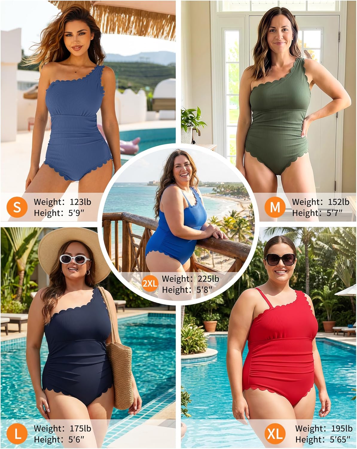 Charmo One Shoulder One Piece Swimsuit Women Ribbed Scalloped Bathing Suit Cutout Slimming Full Coverage Swim Suit 2026