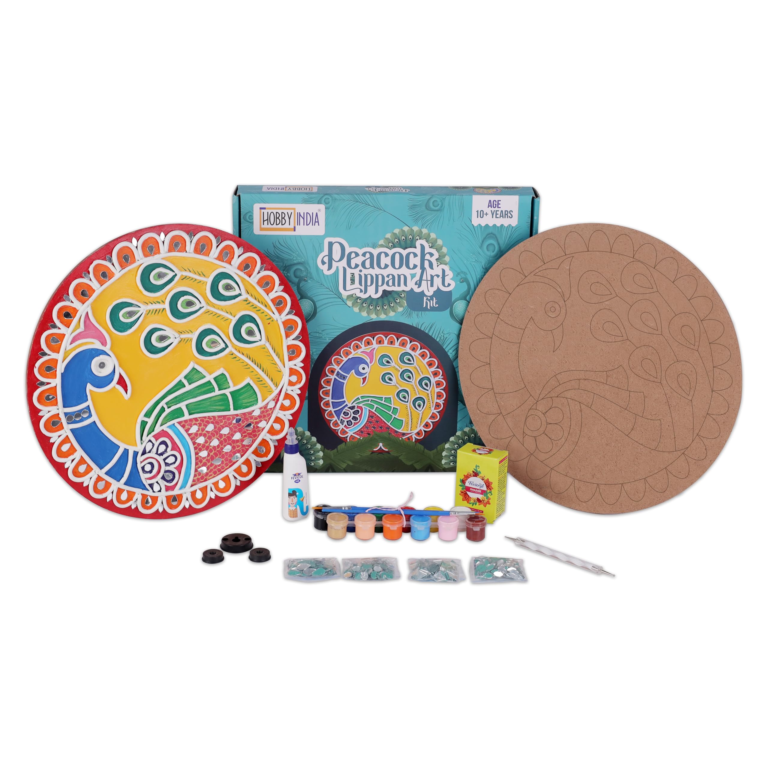 Lippan Art and Craft Materials Kit for Adults and Beginners I Premarked MDF Board Mandala Art Painting DIY Kit for Room Wall Hanging Office and Home Decoration (Peacock)