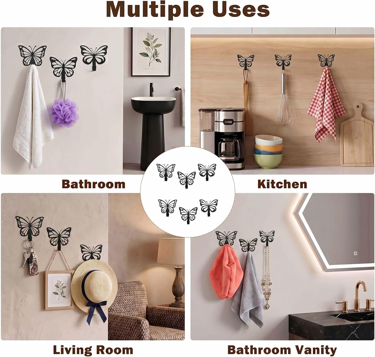 6 Pack Butterfly Wall Hooks, Decorative Black Metal Butterfly Wall Decor for Bathroom Bedroom Kitchen Entryway, Cute Wall Mounted Towel Coat Hooks for Hanging Hat Key Purse Mug Robe and Bag