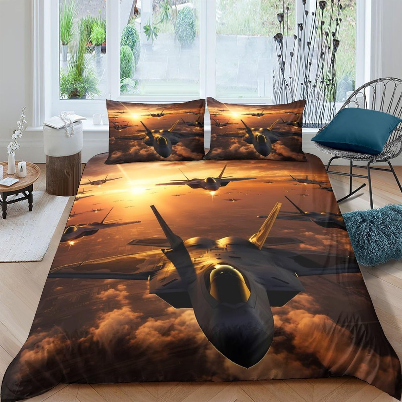 Ctjqhvkz Style-2 3D Printed Sunset Sky Fighter Jet Fitted Sheet Microfiber Soft Breathable Aircraft Bed Cover For Bedroom Guestroom Mattress Protection Single（135X200cm）