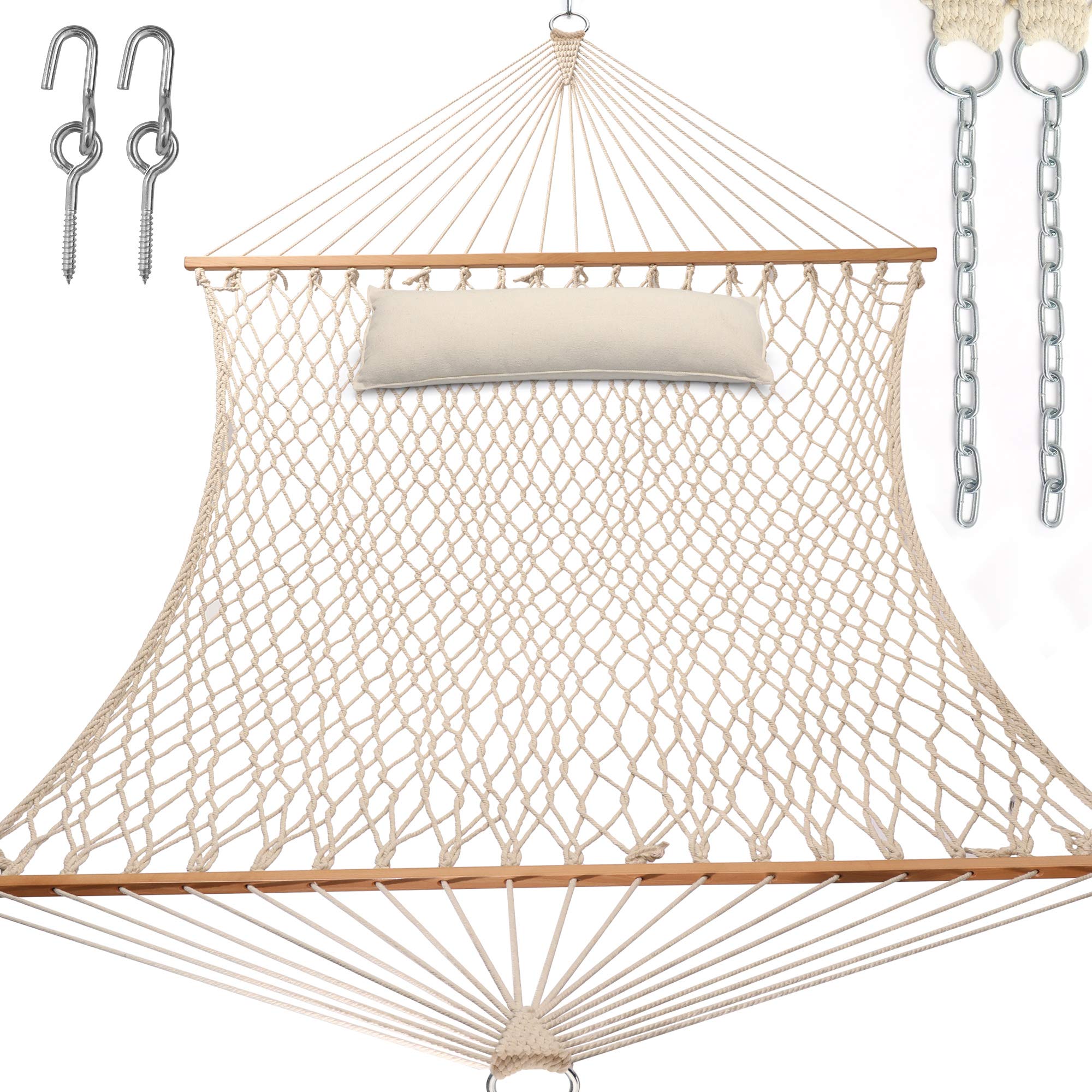 Y- STOP 13.2FT Hammocks,Traditional Cotton Rope Hammock with Chains and Hooks for Outdoor,Indoor,Patio Yard,Double Solid Wood,for Two Person,Max 440 Lbs(Natural)
