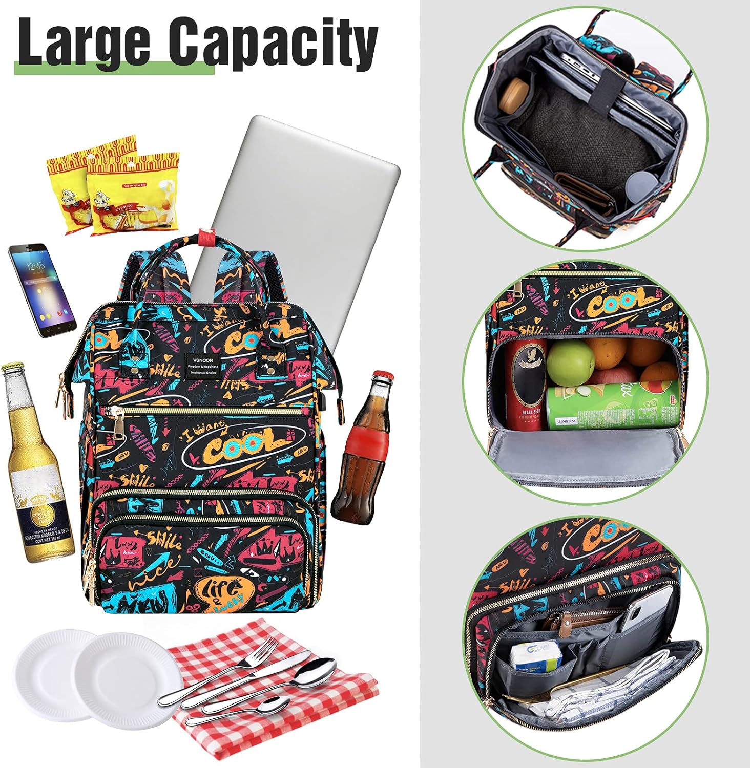 Lunch Backpack for Women, VSNOON school backpack 15.6 inches Cooler Backpack with Removable Leak-proof Insulated Tote Lunch laptop backpack & USB Port for Women for Nurse Work School Travel Picnic : Electronics