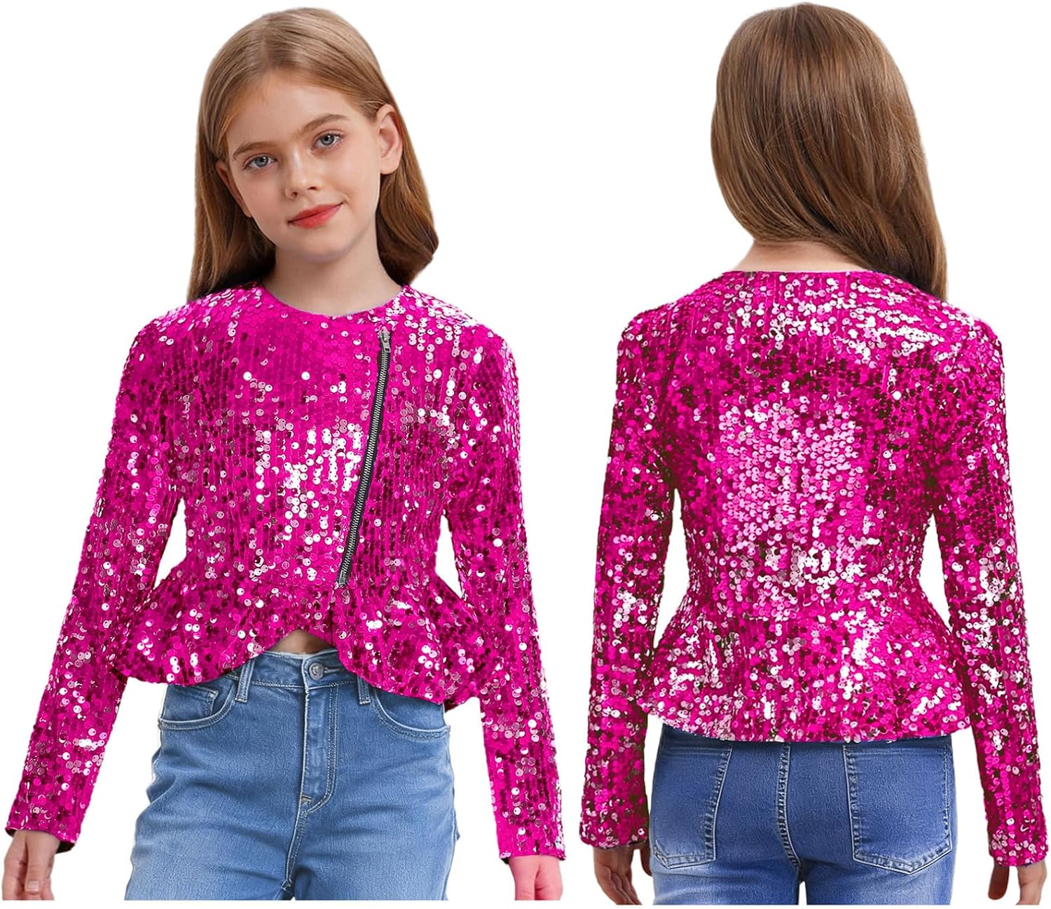 ranrann Girls Sequin Fitted Jacket Long Sleeve Sparkly Zipper Crop Top Peplum Dress Coat Stage Performance Outfit