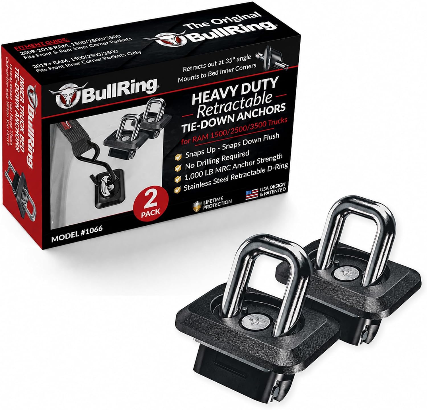 BullRing Inner Bed Retractable Tie-Down Anchors (2-Pack) for Ram 1500/2500/3500
