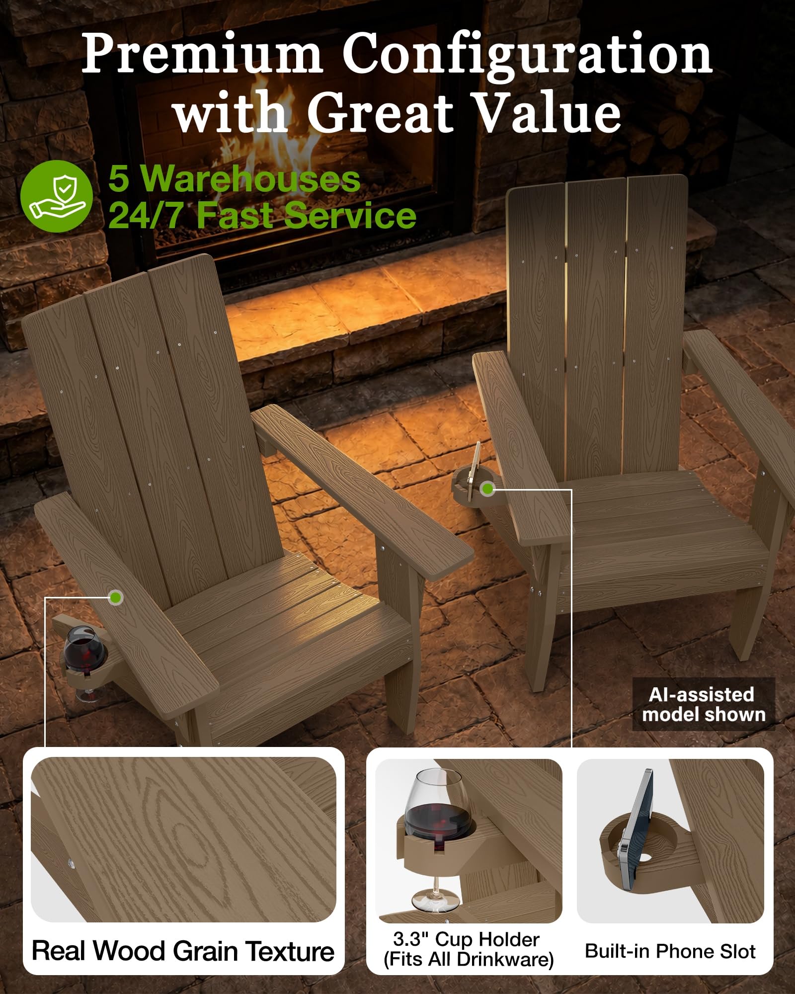 MXIMU Chaise Adirondack Moderne résistante aux intempéries avec Porte-gobelet – Chaises d'extérieur en Plastique surdimensionnées pour Foyer (Teck)