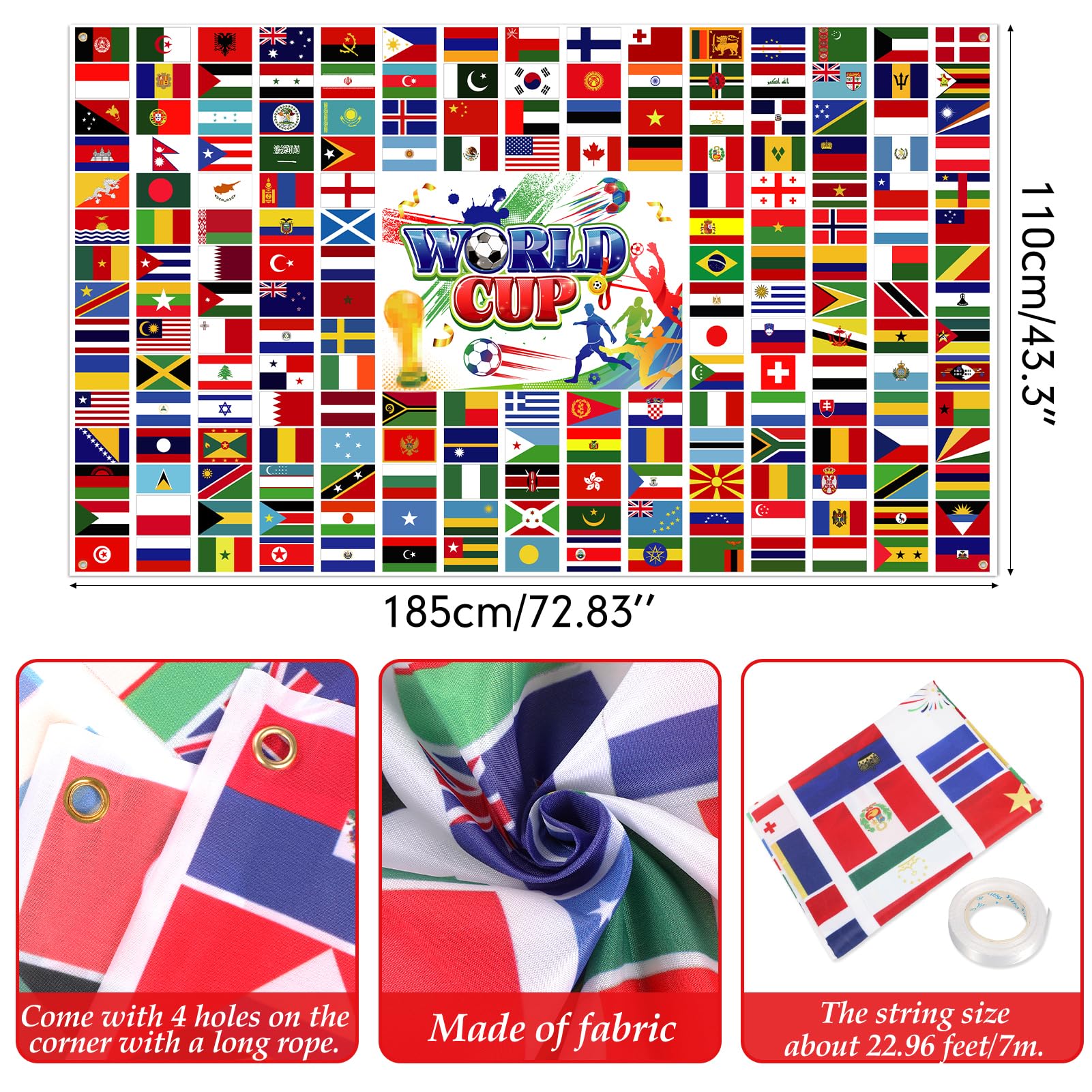 DPKOW Decoración 2026 Mundial Pancarta Banderas Países 2026 Copa del Mundo de Fútbol Decoracion Banderas Nacionales Futbol Mundial Fondo Bandera Equipos Selecciones Pancarta, 185 x 110 cm - 2
