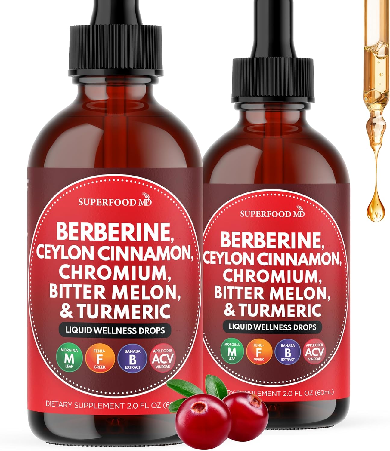 Berberine with Ceylon Cinnamon Supplement Liquid Drops + Bitter Melon Extract, Glucomannan, Gymnema, Chromium, Turmeric, Organic Panax Ginseng, Moringa 8oz
