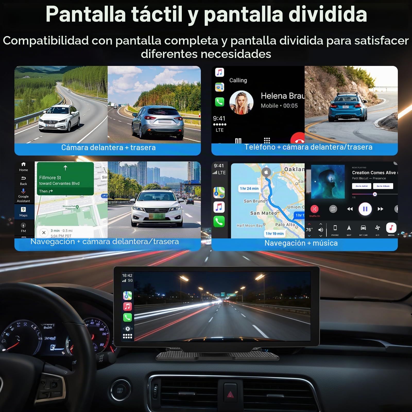 Pantalla Carplay Coche de 10.26" - Pantalla inalámbrica Android Auto Car Play con cámara 4K Dashcam 1080P Cámara de Marcha atrás táctil IPS Bluetooth Mirror Link Pantalla Dividida FM/AUX 64GTF