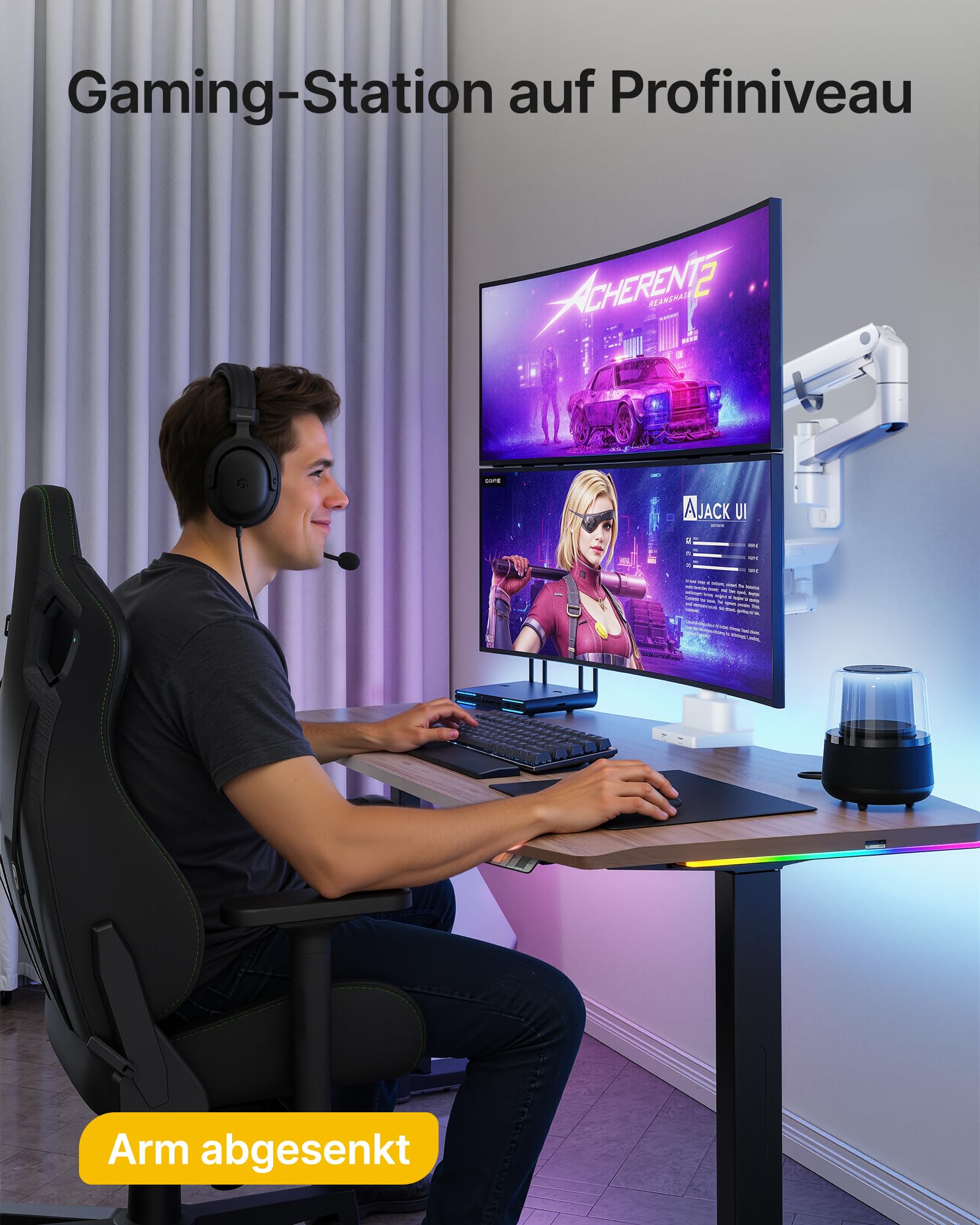 monTEK Supporto da parete per monitor da 17-57 pollici Ultrawide fino a 27 kg | Braccio per monitor con molla a gas, con piena mobilità e altezza regolabile, VESA 75 x 75/100 x 100, bianco