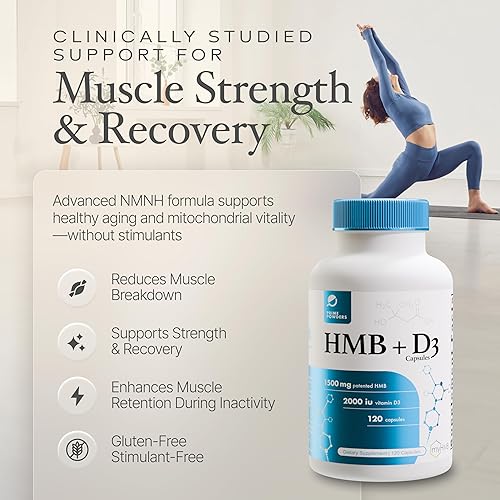 Miniatura 2 de Suplemento de HMB y vitamina D3, fórmula patentada de 1,500 mg con dosis clínica, conserva el músculo magro con un rendimiento sin edad, cápsulas de
