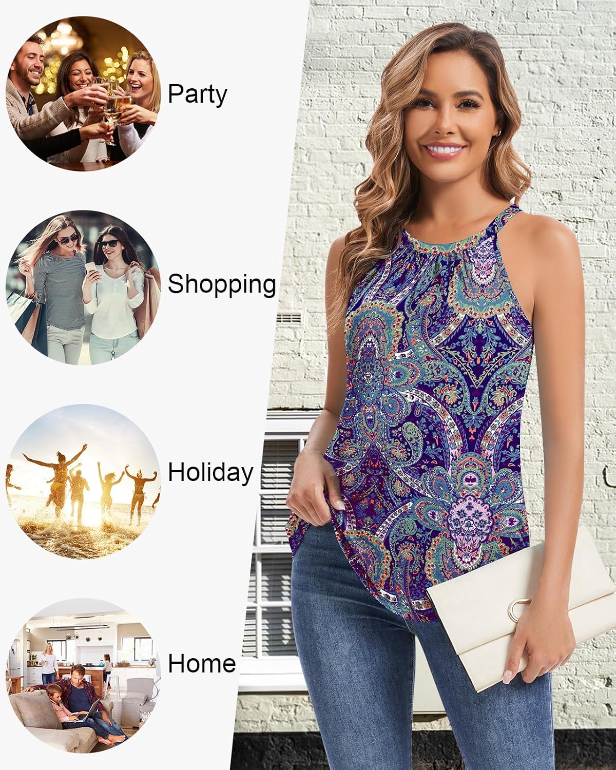 WOWENY Halter Tank Top for Women with Built in Bra Flowy Summer Loose Fit Camisole Sleevless Padded Pleated Dressy Cami Shirt