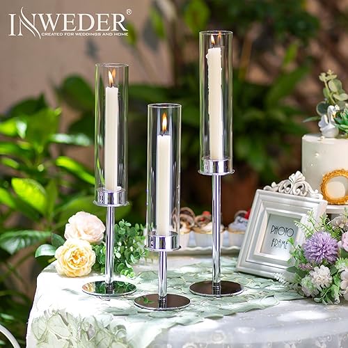 Miniatura 4 de Inweder Portavelas plateados para candelabros, portavelas cónicos con vidrio extraíble, portavelas altos plateados, soporte largo para velas para