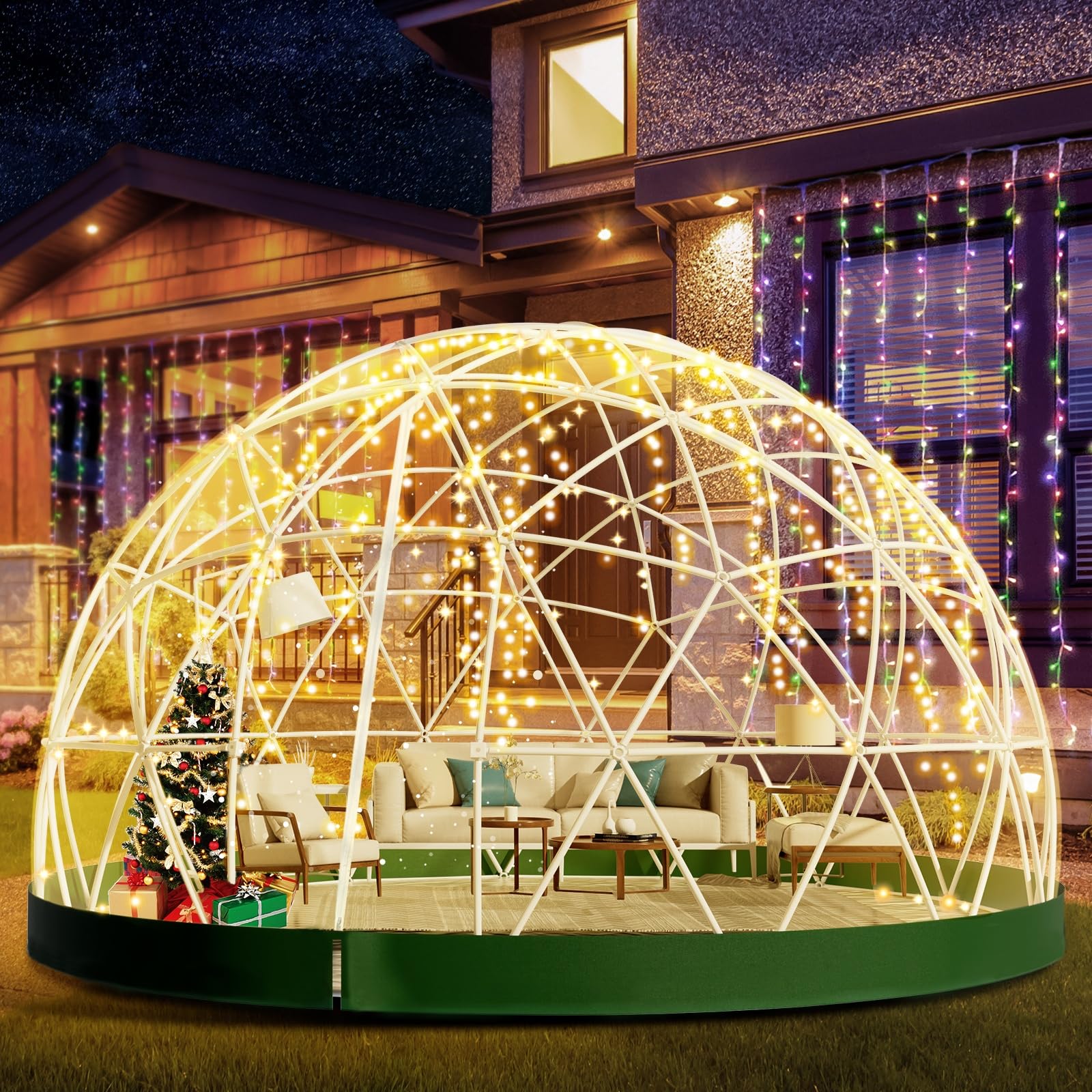 12FT Garden Dome lgloo, Geodesic Dome Greenhouse with PVC Clear Cover, Waterproof Garden Bubble Dome Tent House with 2 x 10M Light Strings for Outdoor, Patio, Backyard, Party (White, 9.7FT/2.9M)