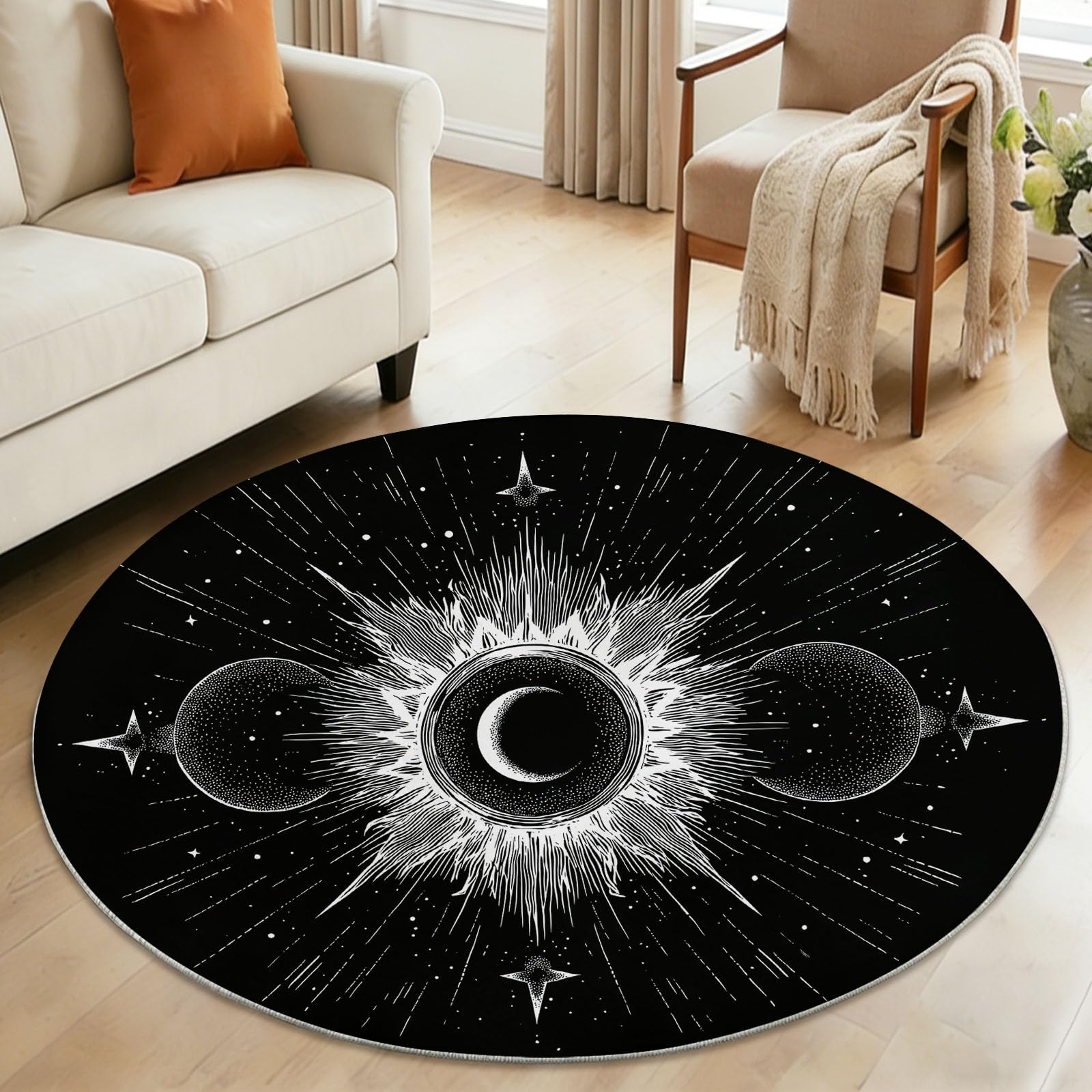 Tapis Rond Salon Lavable, Sonne Galaxie Sterne Nachthimmel Tapis de Sol Décoration Antidérapant pour Salon Chambre Cuisine Balcon Chambre D'enfant Terrasse, 200 cm Soleil Galaxie Étoiles Ciel Nocturne