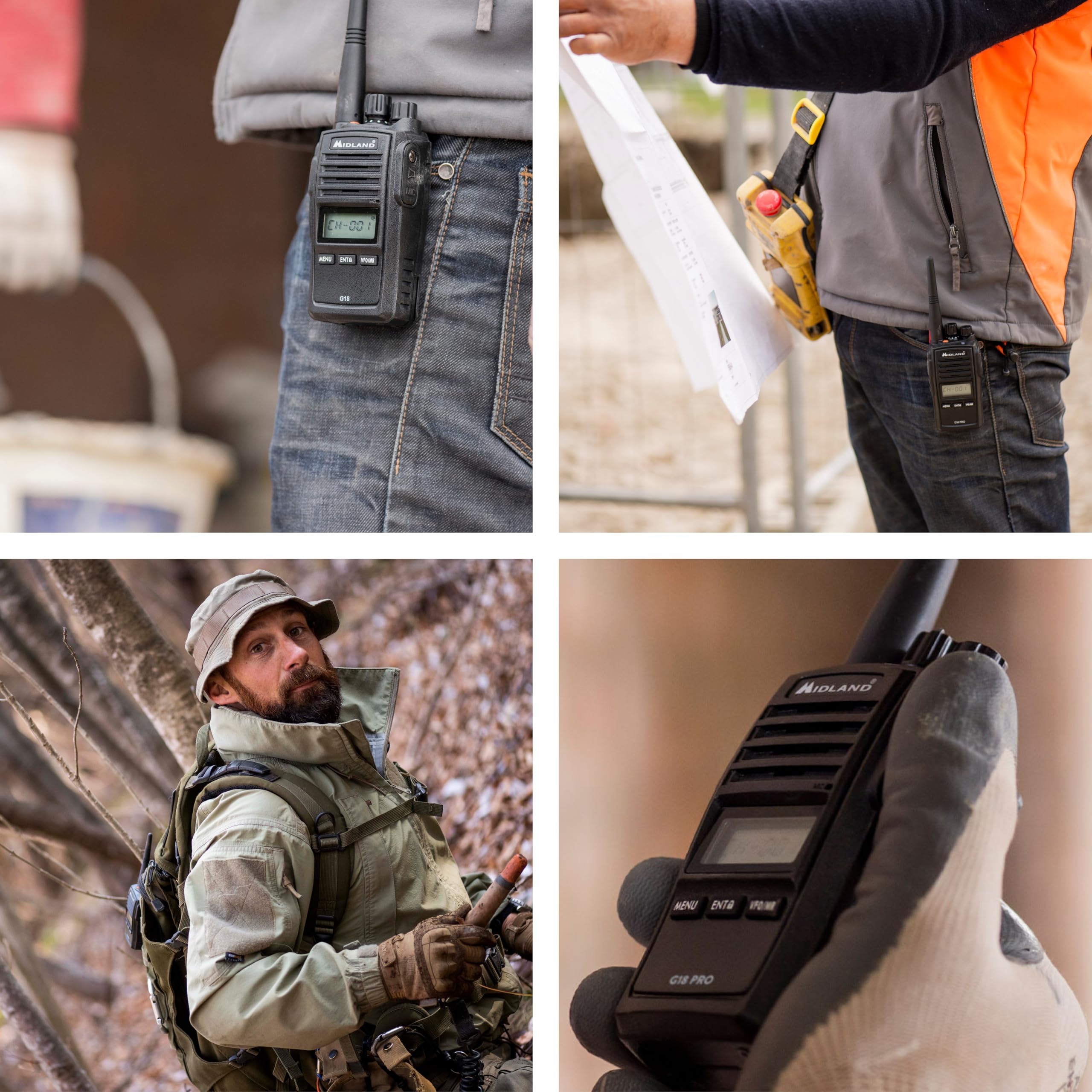 Midland G18 Pro Noise Cancelling C1145.04 - Talkie-Walkie Longue Portée 12Km, 99 Canaux PMR446, Étanche IP67, Autonomie 22H, Fonction Réduction de Bruit, Brouilleur Scrambler et Compander