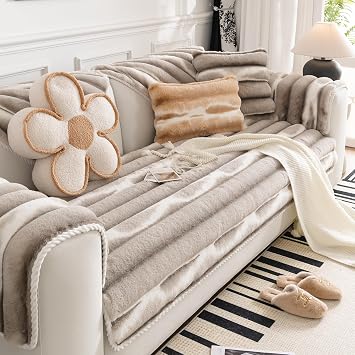 Faux Fur Gradient Color Sofa Cover Coffee Ombre Thick Soft Sectional Couch Covers Fluffy Plush Fuzzy Anti-Slip Sofa Slipcover Washable Furniture Protector Light Coffee,28x47