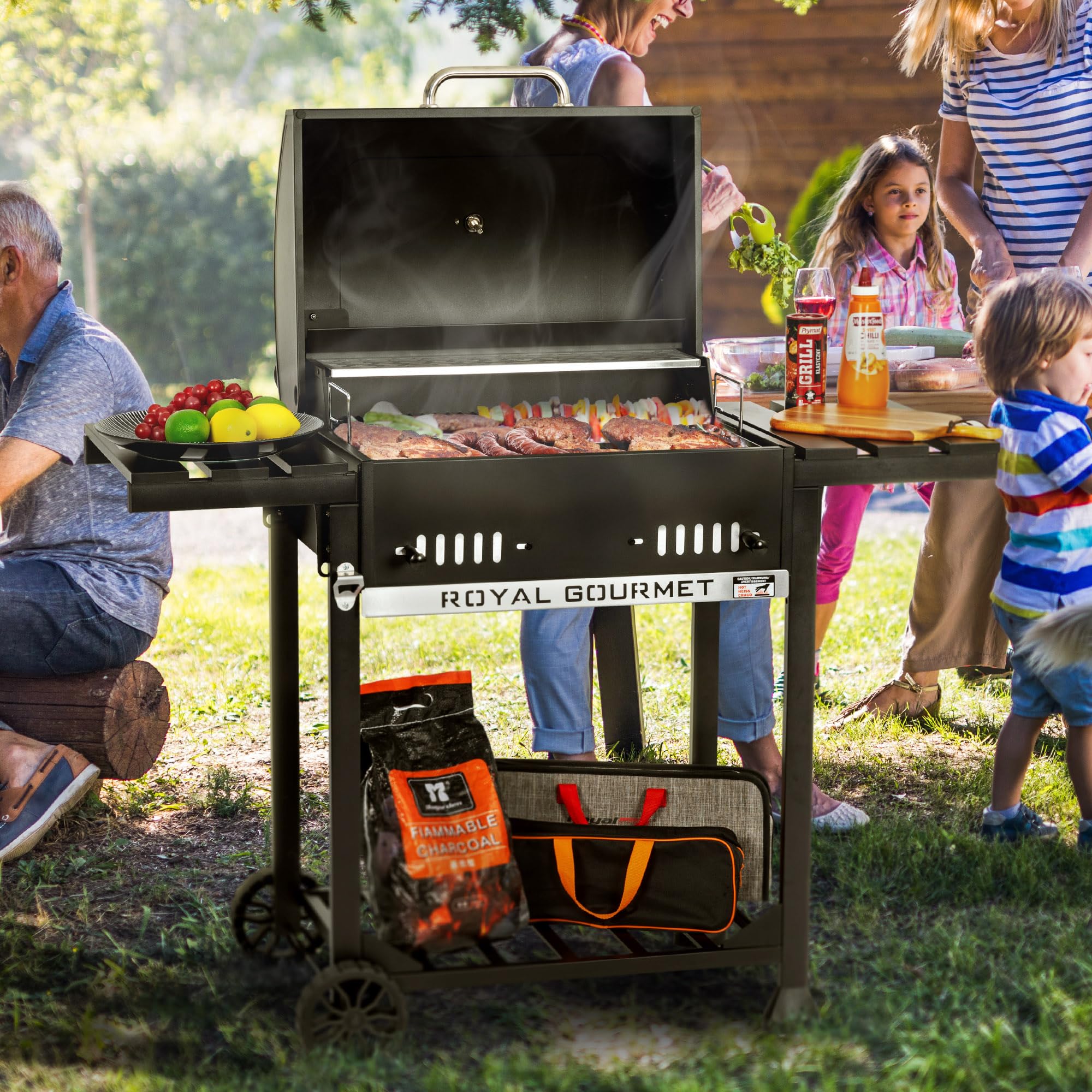 Royal Gourmet Barbecue a Carbone da Legno, griglia a Carbone su Carrello con Ripiani Pieghevoli, Coperchio, termometro, Superficie Cottura 56,5 x 42,2 cm, per Giardino, Campeggio, Nero