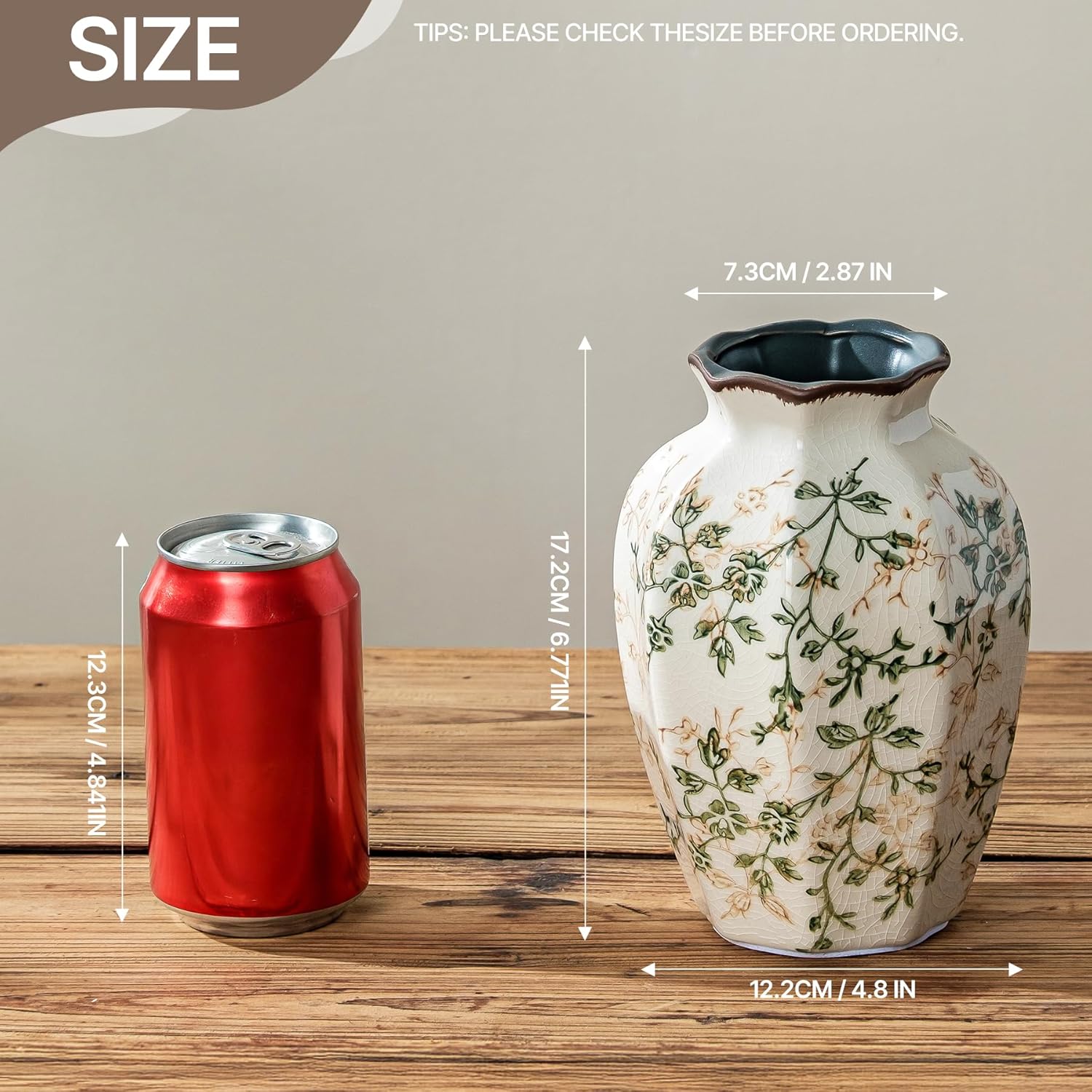 Vintage Pastoral Octagonal Vase, Green and Beige Retro Ceramic Flower Vases, Rustic Farmhouse Vases Chinoiserie Floral Small Vase for Home Decor, Living Room, Kitchen, Bedroom and Shelf 6.7 Inch