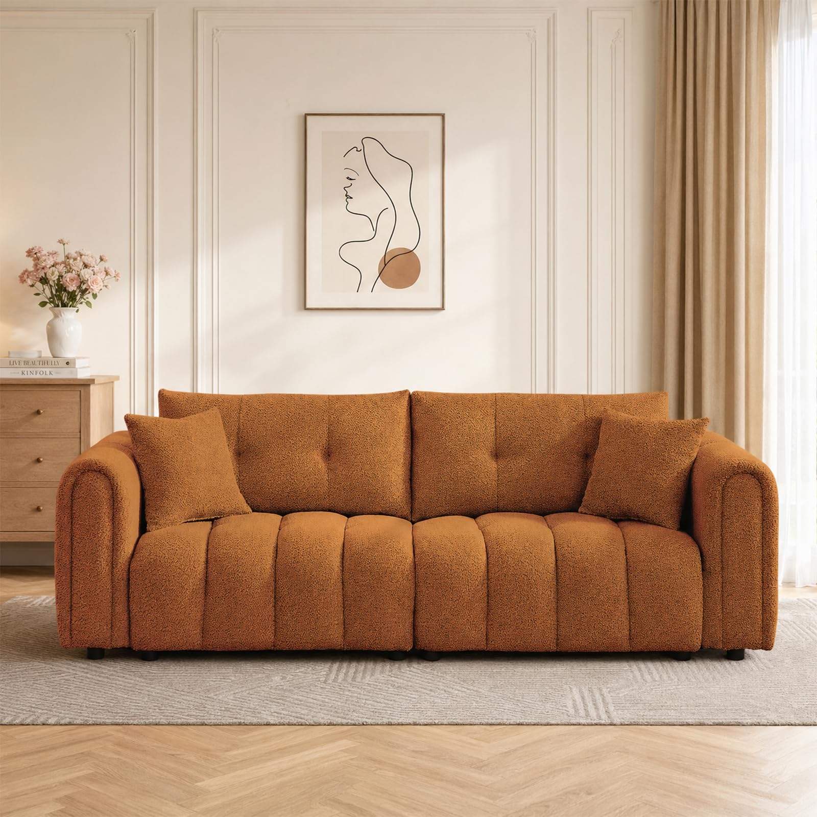Modern Boucle Sofa with Rolled Arms in Orange