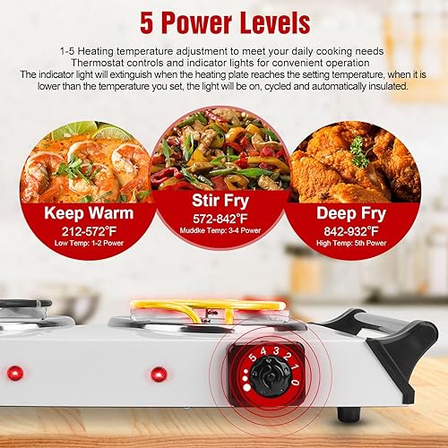 Miniatura 6 de Placa caliente de 2000 W, estufa eléctrica portátil para encimera, quemadores de bobina doble con control de temperatura de 5 niveles y asas que se