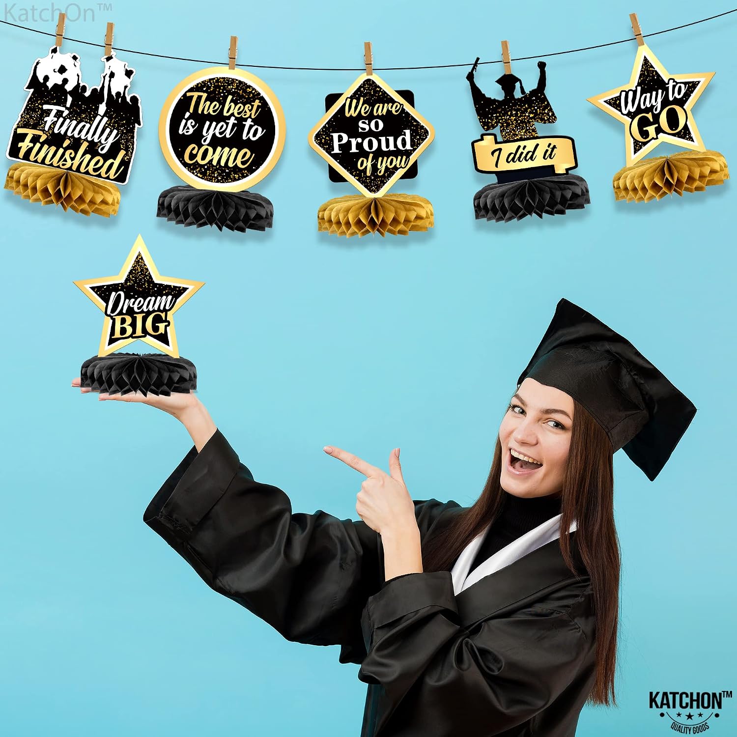 KatchOn, Black and Gold Graduation Centerpieces for Tables 2026 - Pack of 9 | Gold Graduation Centerpieces 2026 for Graduation Decorations 2026 | Black and Gold 2026 Graduation Decorations