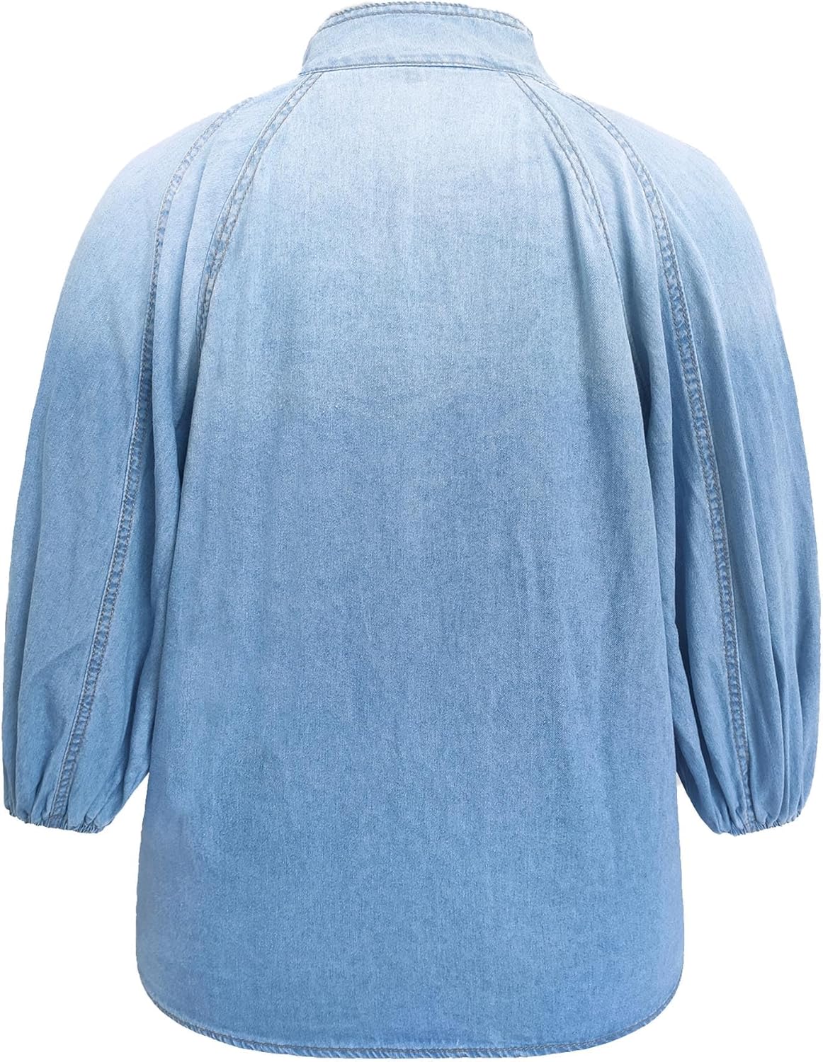 SEMATOMALA Women's Puff Sleeve Blue Denim Blouse Top Bow Tie Mock Neck Short Sleeve Oversized Pullover Jean Shirt - Image 4