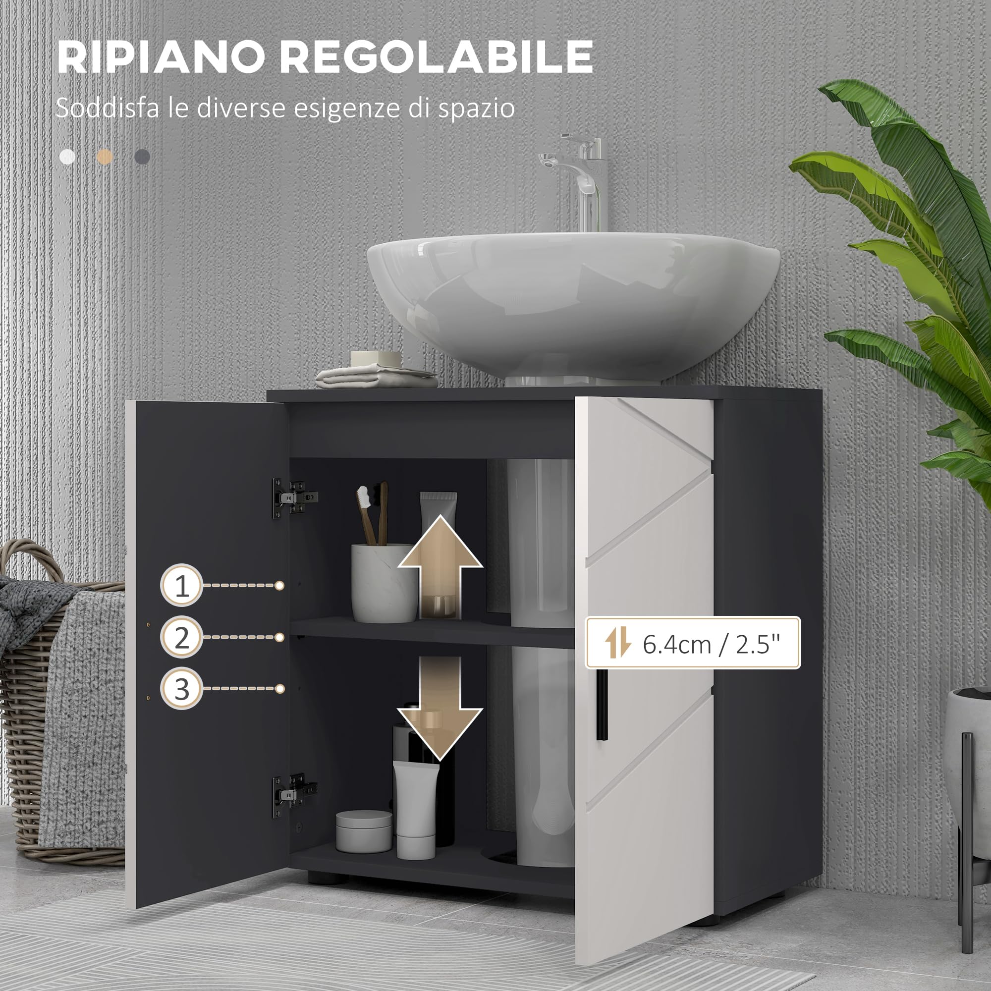 kleankin Mobiletto Bagno Sottolavabo con Armadietto 2 Ante, Mobile Sottolavadino a Piedistallo in Legno con Mensola Regolabile, per Lavabi con o Senza Colonna, 60x30x60cm, Grigio
