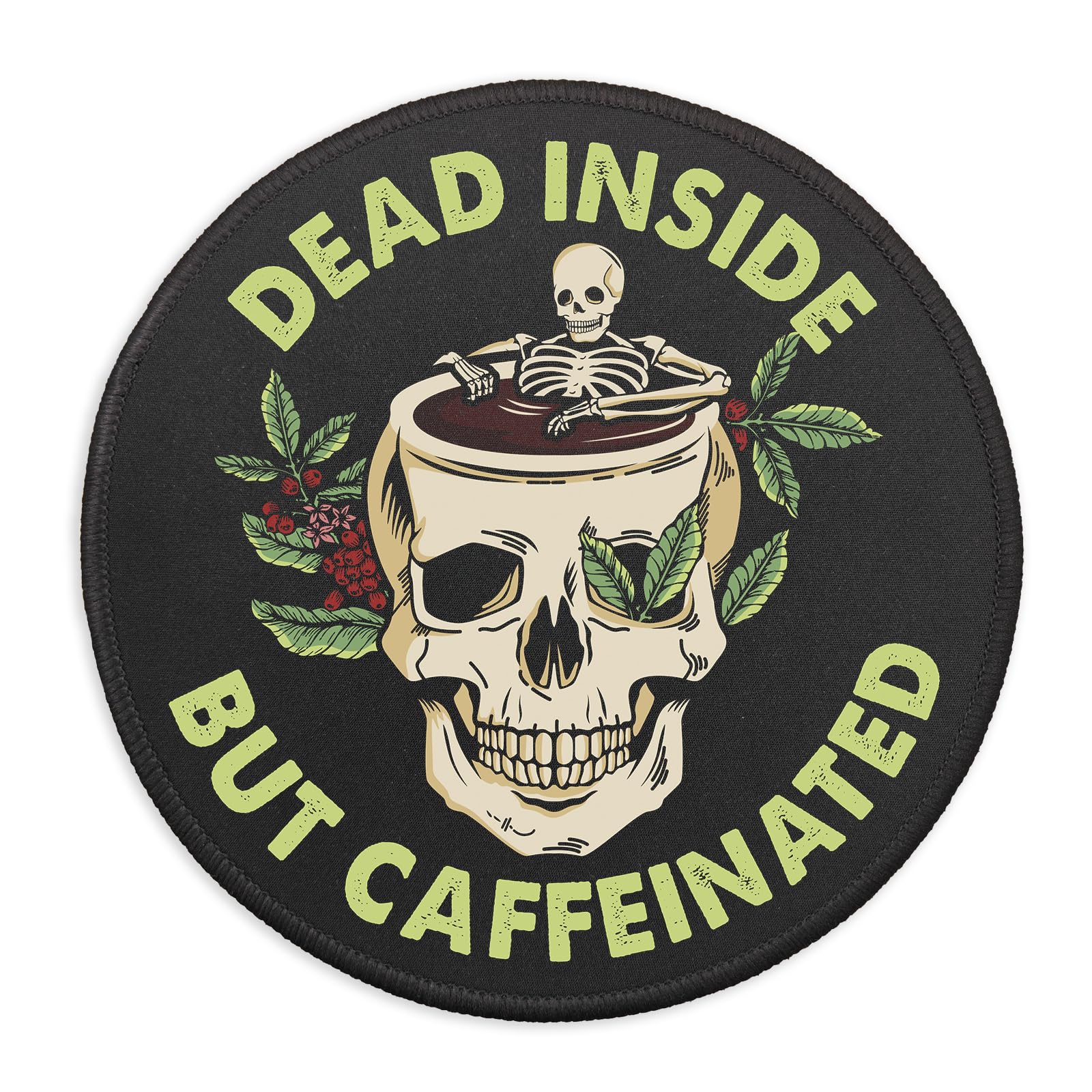YAZMEEN Dead Inside But Caffeinated Mousepad, Funny Skull Mouse Pad with Stitched Edge Non-Slip Rubber Base, Skeleton Round Mouse Mat for Laptop