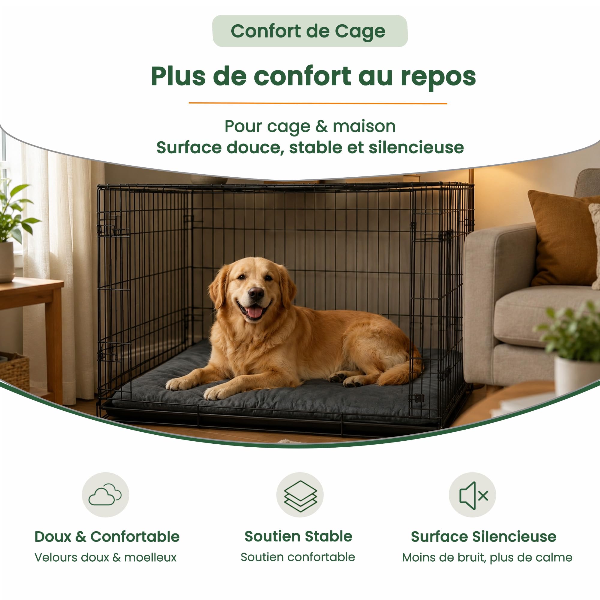 RovePad Cozy Tapis pour cage pour chien - 6 cm d'épaisseur - En velours - Dessous antidérapant en PVC - Lavable - Gris - Taille M
