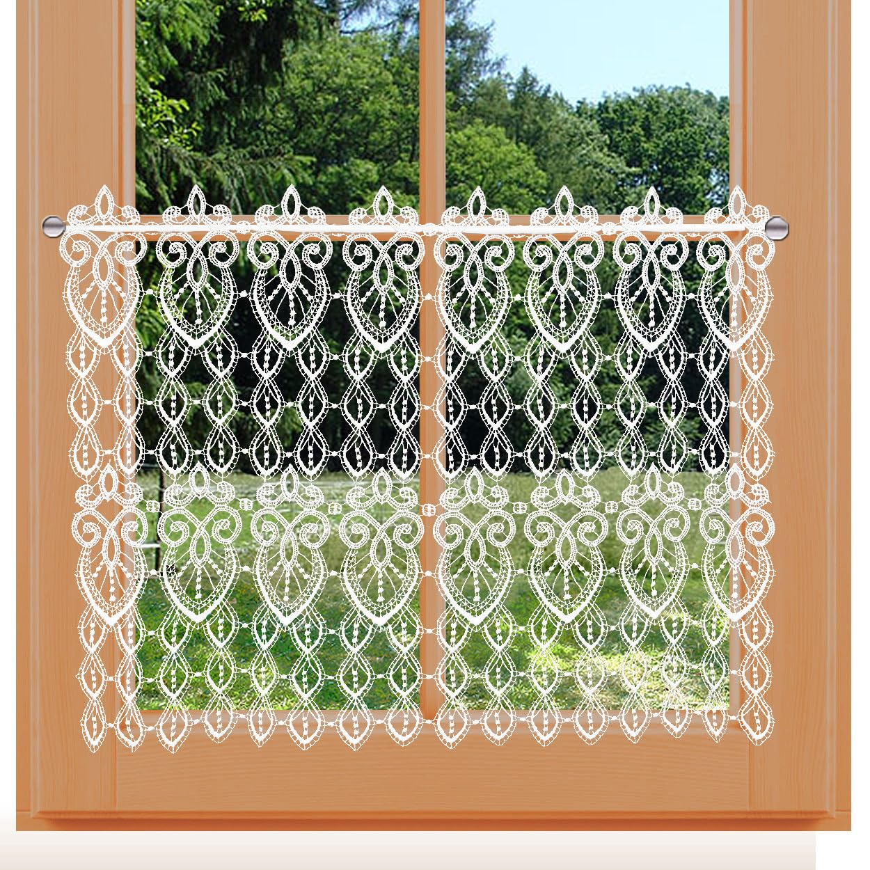 Scheibengardine Olivia Vogtländische Spitze ecrú | Landhaus-Kurzgardine mit Ornamenten | Klassisches Stickerei-Panneaux | Rustikale Spitzengardine für Küche und Wohnzimmer Höhe x Breite 49 x 76 cm