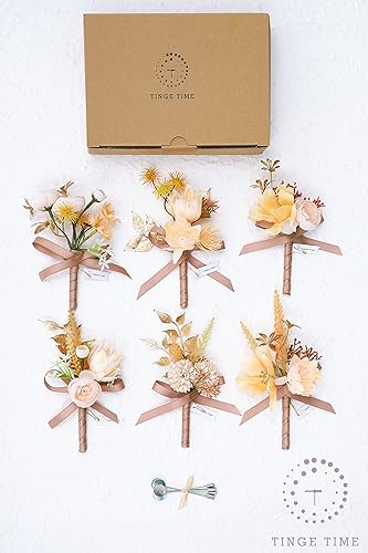 Miniatura 5 de TINGE TIME Boutonniere de 2 piezas para hombres, novios y padrinos de boda para boda, baile, regreso a casa, aniversario, graduación (blanco), Seda