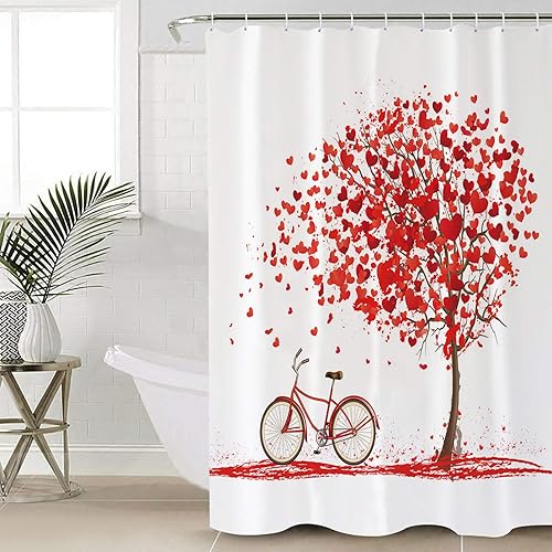 Miniatura 4 de CHARMHOME Waterproof Washable Fabric Shower Curtain 60 x 72 Happy Valentines Day Love Bike Under Tree Shower Curtain for Bathroom Decor with 12 Hooks