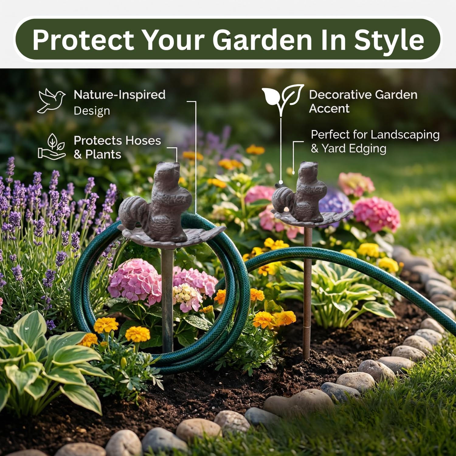 Carvers Olde Iron Decorative Garden Hose Guide Stake – 19" Solid Aluminum Heavy Duty Hose Protector for Landscaping, Flower Beds & Yard Edging - Squirrel