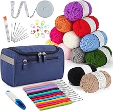 Aeelike Crochet Hook Set with Crochet Yarn in 12 Colours, Useful Starter Crochet Set for Beginners, Children, Adults, 2.0-8.0 mm Ergonomic Soft Grip Crochet Hooks Set, Navy Blue Crochet Bag,