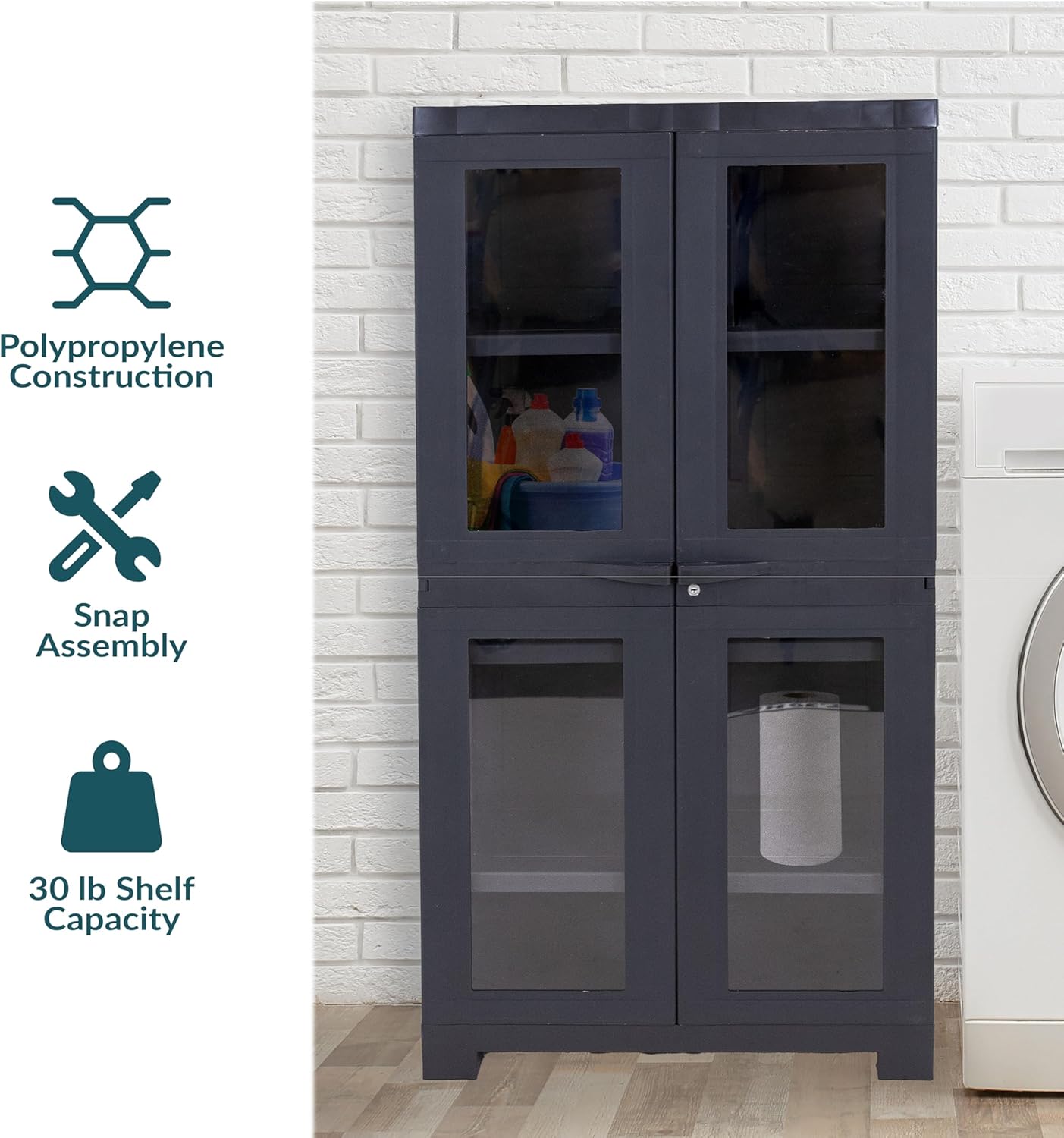 Sunnydaze 48.75" H Resin Garage Storage Cabinet - Garage Cabinet with 4 Acrylic Glass Doors - Freestanding Utility Storage for Laundry Room, Office, Basement - Charcoal