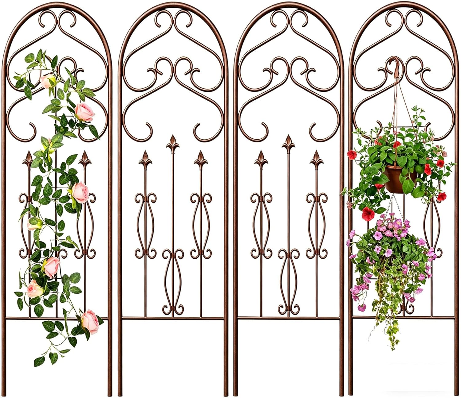 AMAGABELI GARDEN & HOME 4 Pack Large Garden Trellis for Climbing Plants Outdoor 60” x 18” Iron Plant Trellis for Potted Plant Support Tall Wall Metal Trellis Rose Vine Cucumber Brown