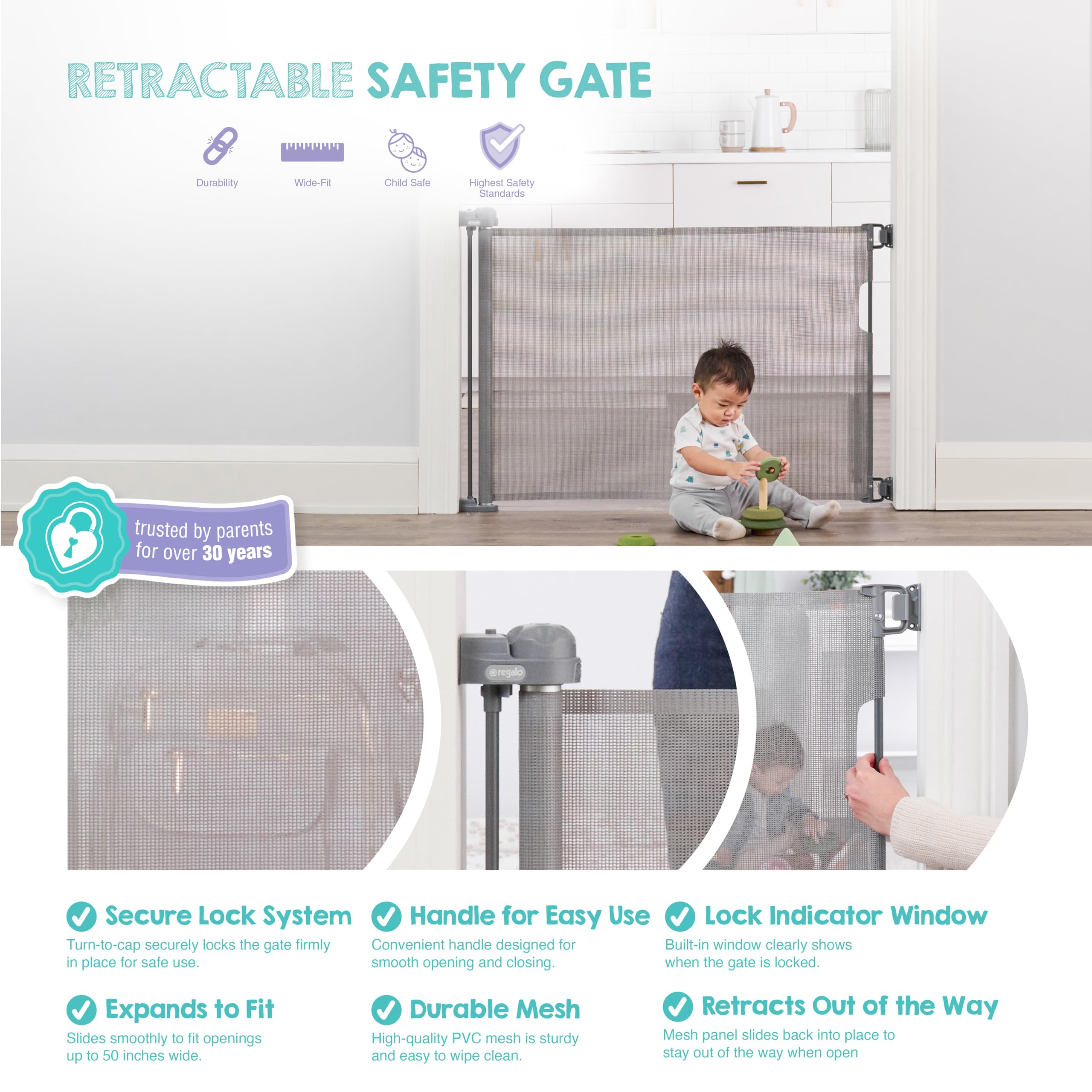 Regalo Safety 50" Retractable Mesh Baby Gate, Bottom of Stairs & Doorways — Amazon image 3