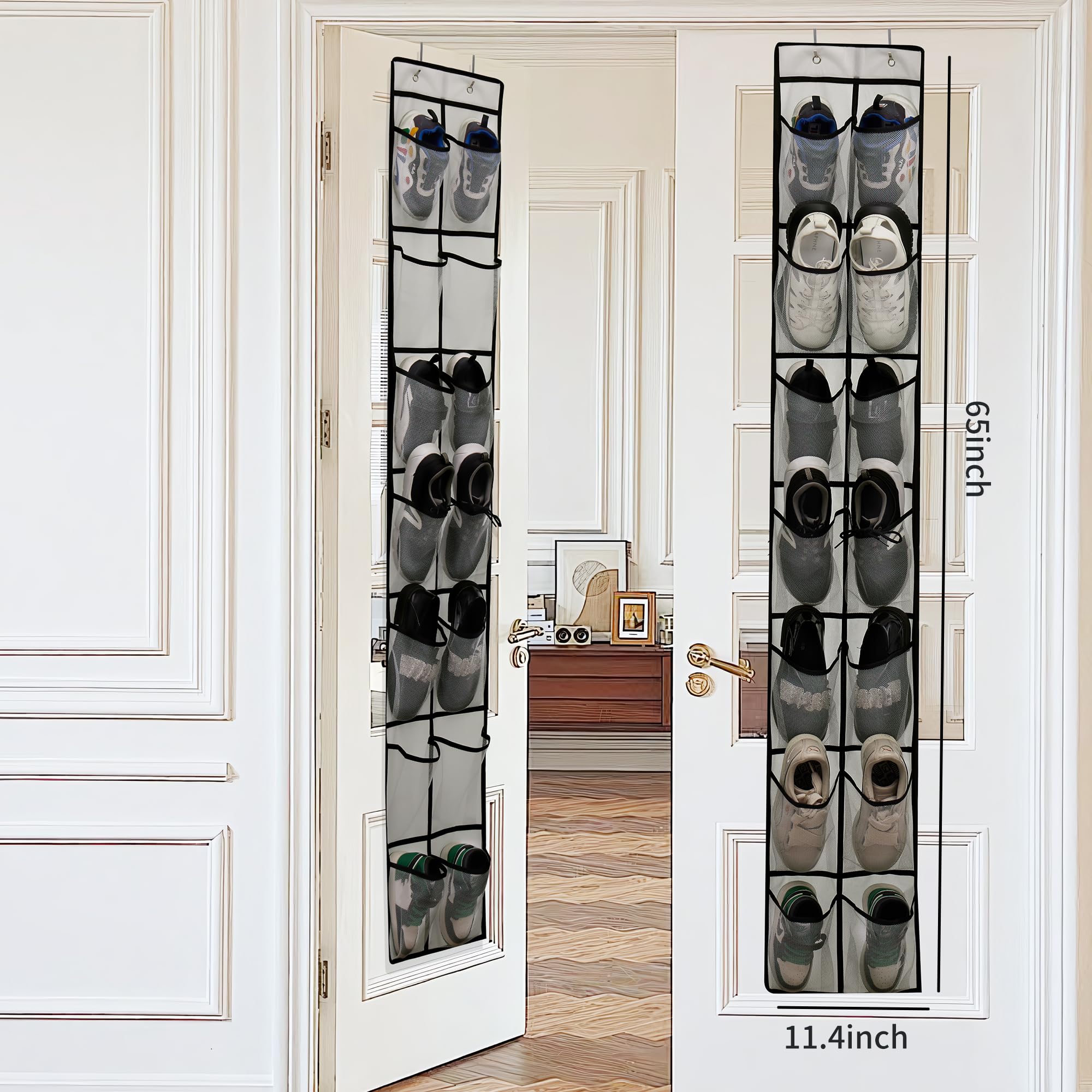 gaulupue Organizador de zapatos para colgar sobre la puerta, 14 bolsillos grandes de malla para organizar el armario y almacenamiento, gris, paquete de 2 (gris)