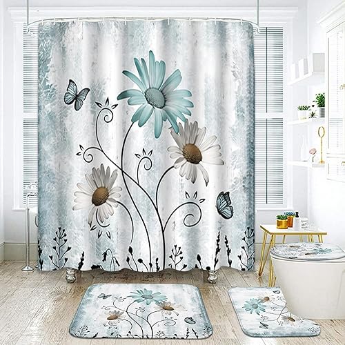 Miniatura 6 de Juego de 4 cortinas de ducha, diseño de margaritas verde azulado con alfombras antideslizantes, cubierta para tapa de inodoro y tapete de baño,
