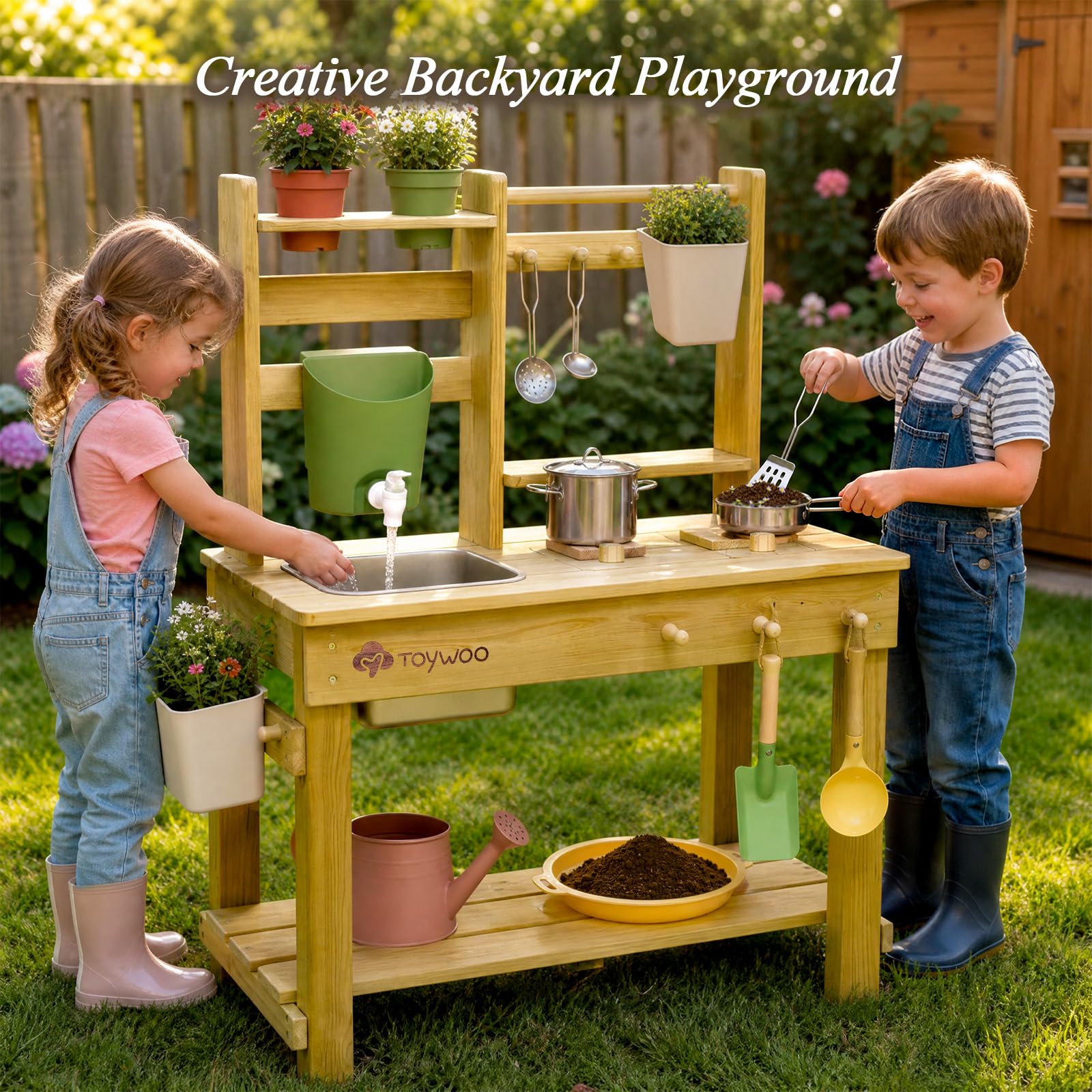 TOYWOO Matschküche Kinder Outdoor Spielküche, 3-in-1 Matschtisch mit Wassertank & Spülbecken, Gartenspielküche aus finnischem Holz für Jungen Mädchen ab 3 Jahre