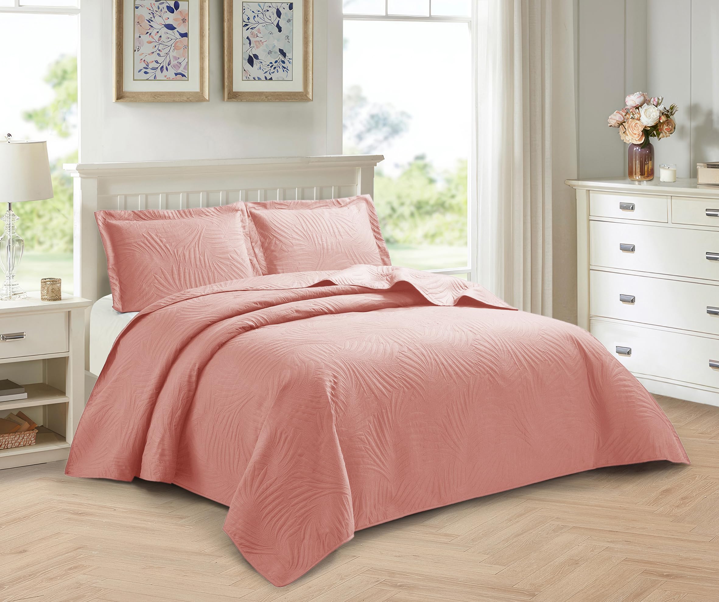 PRIME LINENS 2 Piece Quilted Bedspread Embossed Leaf Pattern Bedding Set Bed Throw with Pillow Cases Machine Washable (Pink, Single)