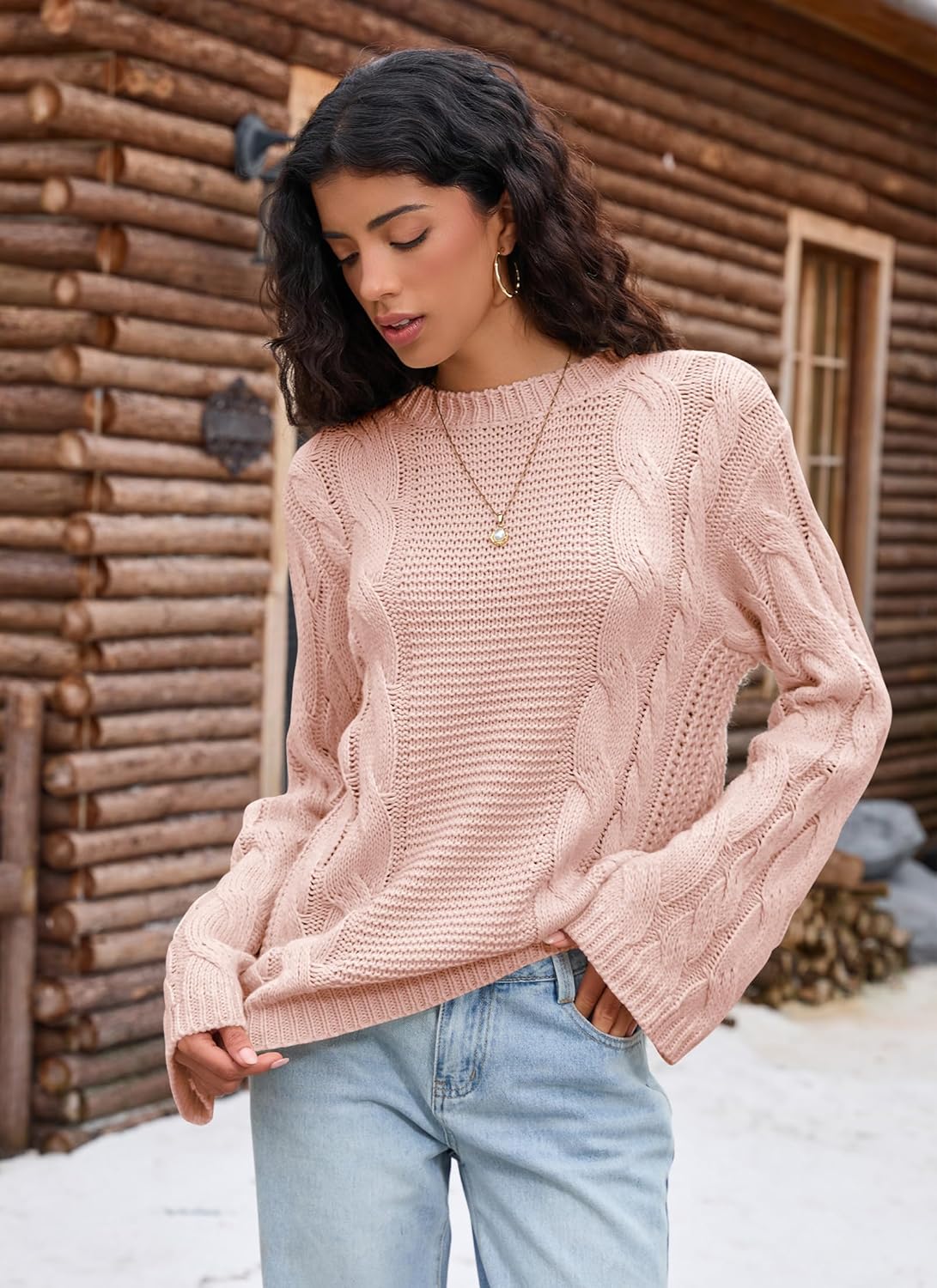 Balimtoy Women's Chunky Cable Knit Oversized Pullover Sweaters Casual Long Sleeve Crewneck Jumper Tops - Image 2